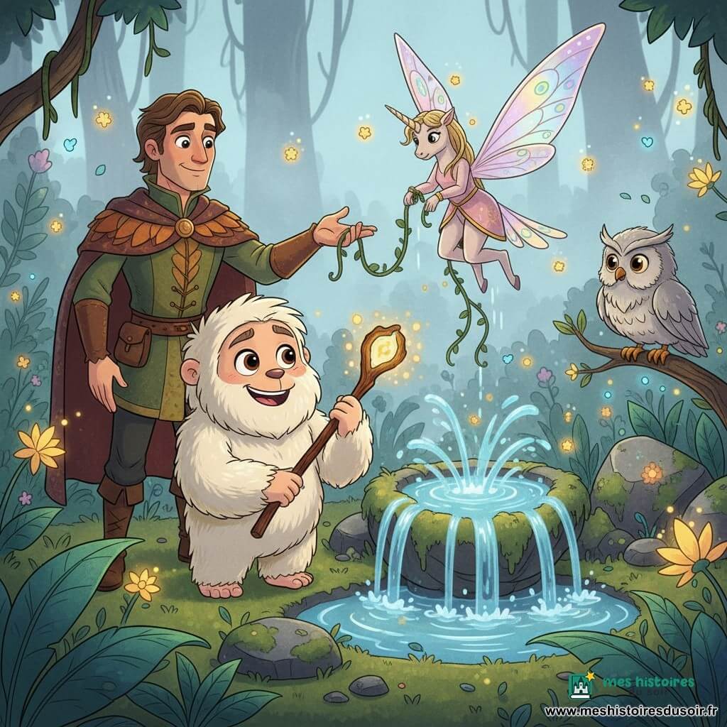 Yéna, yéti fille joyeuse au pelage crème épais et aux yeux noisette, tient un bâton lumineux près d'une petite fontaine mousseuse ; Eldor, gardien masculin vêtu de couleurs automnales, se tient à gauche en guidant une liane ; Lumina, licorne ailée nacrée rose pâle aux ailes papillon translucides, vient d'être libérée et bat doucement des ailes au‑dessus de la fontaine ; Arko, vieux hibou argenté aux grands yeux ambrés, est perché à droite et observe avec complicité ; le marais enchanté au crépuscule, brume argentée, plantes bleu‑vert et fleurs luminescentes, lucioles scintillantes ; Yéna active la fontaine qui projette des jets d'eau étincelants dans une ambiance magique, chaleureuse et festive.