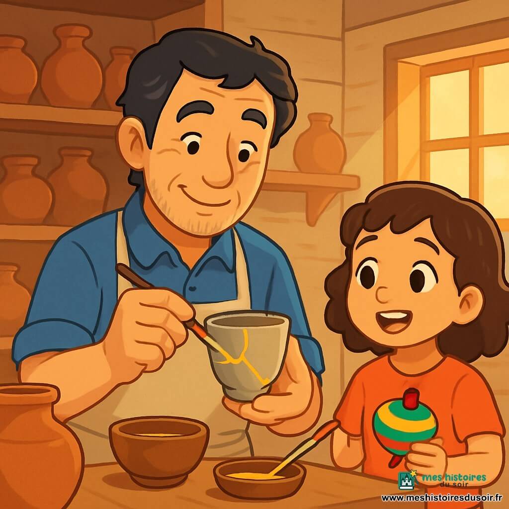 Un homme potier nommé Tarō, d'une quarantaine d'années, avec des cheveux noirs légèrement grisonnants et des yeux pétillants de sagesse, se tient dans son atelier. Il sourit, tenant une tasse fêlée, entouré de pots en terre cuite. À côté de lui, une petite fille d'environ 8 ans, aux cheveux bruns et bouclés, regarde avec émerveillement, tenant une toupie colorée. L'atelier est chaleureux, avec des murs en bois clair et une lumière dorée filtrant à travers une fenêtre. Tarō répare la tasse avec de la laque et de la poudre d'or, créant une belle ligne dorée sur la fissure, tandis que la petite fille observe avec fascination, inspirée par l'art du kintsugi.