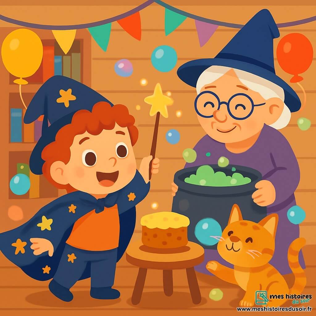 Un petit garçon, Léo, apprenti sorcier de trois ans, sourit avec des yeux pétillants d'excitation, tenant une baguette magique scintillante et regardant des bulles colorées flotter autour de lui. À ses côtés, Mimi, un chat aux poils soyeux, joue avec une bulle. Mémé Zélie, une femme âgée avec un chapeau pointu, sourit en tenant une marmite qui fait des bulles. La scène se déroule dans une pièce chaleureuse, remplie de guirlandes et de ballons, avec des murs en bois et des étagères chargées de livres de magie. Au centre, une table est décorée d'un gâteau moelleux entouré de paillettes brillantes. Léo essaie de préparer une fête magique sans bêtises, tandis que les bulles et les guirlandes dansent autour de lui dans une ambiance festive.