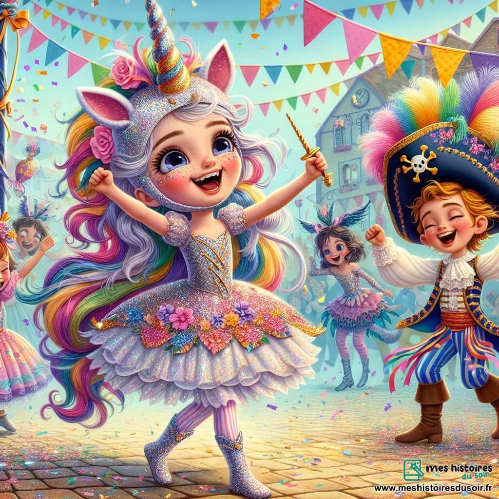 Lila, une fille de 11 ans, se tient au centre de l'image, joyeuse dans un costume de licorne scintillant. Elle danse avec enthousiasme, entourée de paillettes. À sa droite, sa meilleure amie Camille, déguisée en pirate, rit en se balançant au rythme de la musique. À gauche, Tom, un garçon de 10 ans en chapeau de cowboy, applaudit avec enthousiasme. Le décor d'une place animée est orné de guirlandes et de ballons, avec des chars décorés en arrière-plan. Lila, Camille et Tom dansent ensemble, célébrant l’amitié et la joie dans une atmosphère festive.