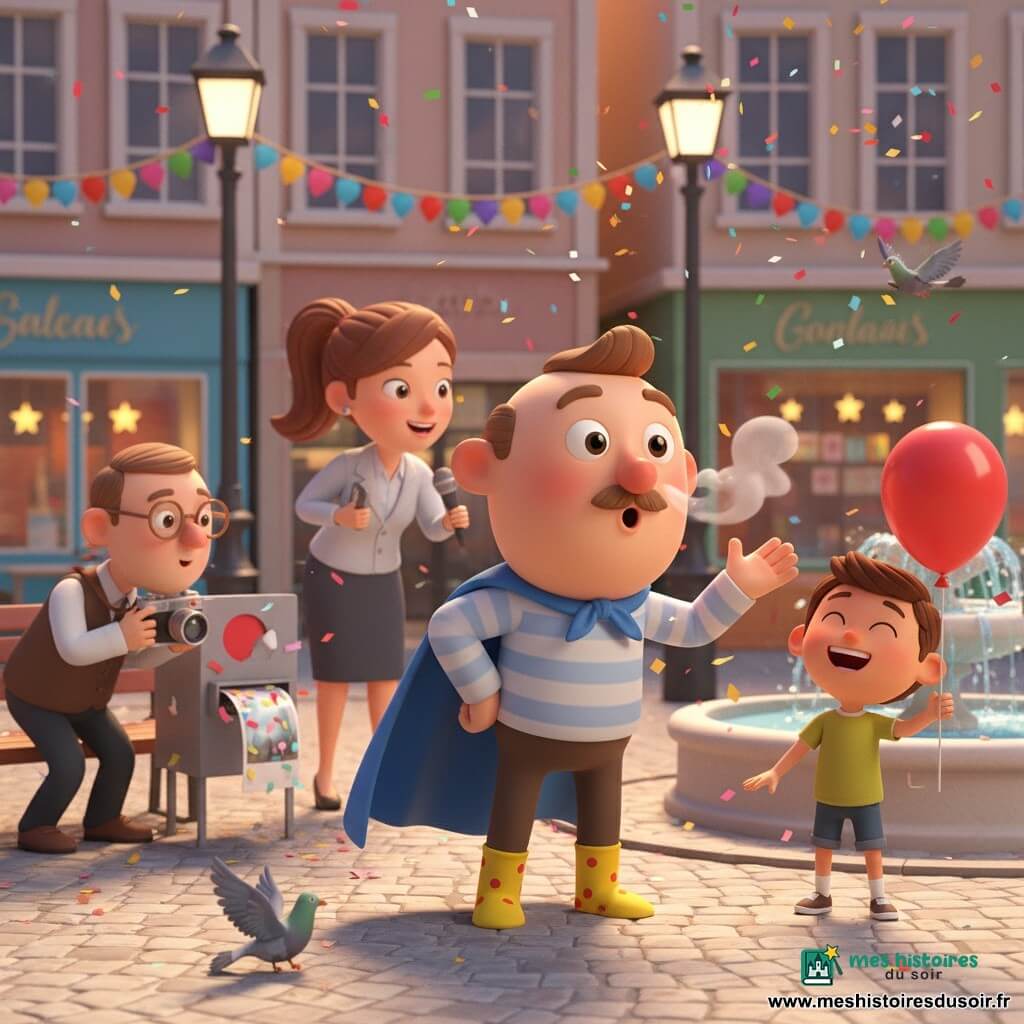 Gustave, homme au visage rond et fine moustache, cape bleue ondulante, éternue de manière comique sur la place pavée au moment d’une photo — un petit nuage blanc sort de son nez, la pellicule sort floue et magique avec des confettis collés — un garçon de six ans aux cheveux courts rit en tenant un ballon rouge près de la fontaine ronde, une journaliste souriante (30–40 ans) tient un micro en retrait à gauche et un photographe d’environ 40 ans, lunettes rondes, récupère une photo floue et colorée d’une petite cabine sur un banc ; la place est décorée de guirlandes multicolores, vitrines étoilées, confettis brillants et pigeons voltigeant, ambiance festive, colorée, dynamique, textures douces et éclairage chaud.