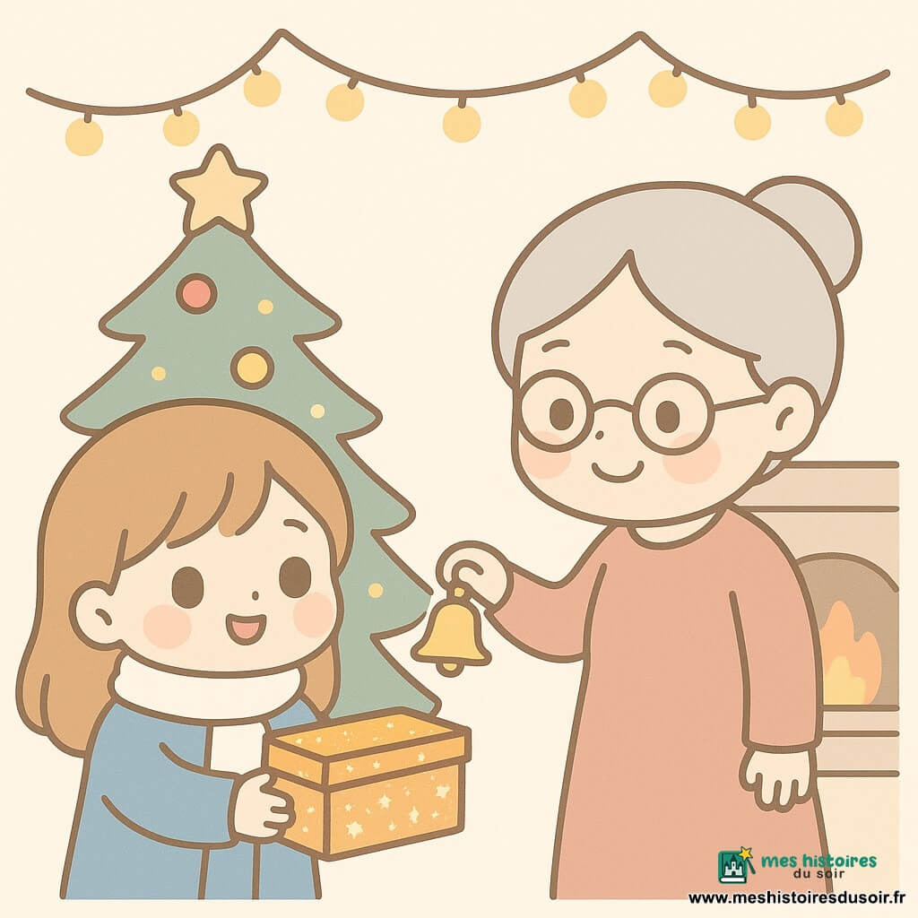 Emma, une fillette de 6 ans aux grands yeux pétillants et joues rosées, porte un manteau bleu et une écharpe blanche. Elle tient une boîte en bois décorée de paillettes et sourit joyeusement. À ses côtés, Madame Lefèvre, une dame âgée d'environ 70 ans avec des cheveux gris en chignon et des lunettes rondes, lui tend une petite clochette dorée en souriant chaleureusement. Elles sont dans une pièce accueillante, ornée de guirlandes lumineuses et d'un grand sapin de Noël décoré de boules scintillantes, avec une cheminée qui crépite doucement en arrière-plan. La scène capture le moment où Emma reçoit la clochette, symbolisant la magie de Noël et la gentillesse partagée.