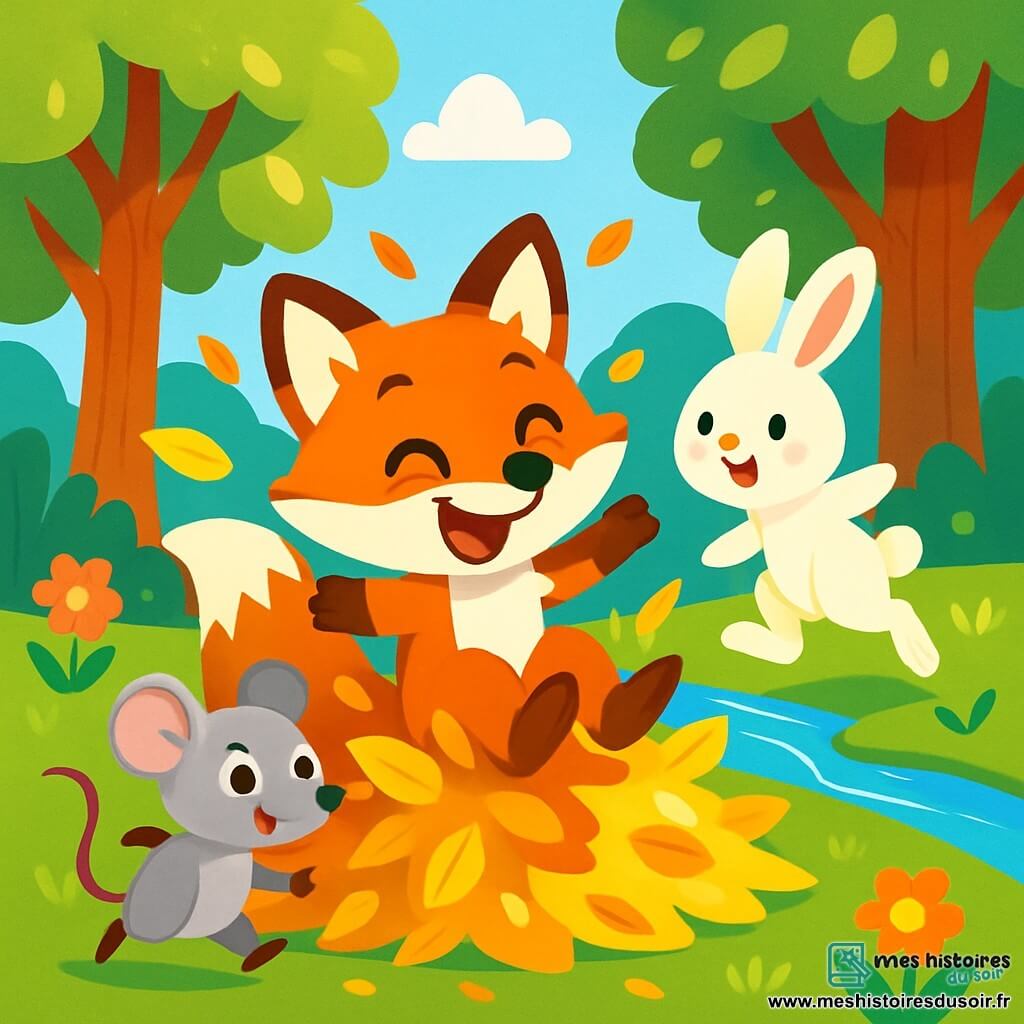 Un renard espiègle au pelage roux et aux yeux malicieux glisse sur une feuille dans une forêt enchantée, riant joyeusement avec ses oreilles pointues. À ses côtés, une petite souris grise aux grands yeux curieux court en riant, tandis qu'un lapin blanc aux grandes oreilles saute joyeusement par-dessus une rivière scintillante. En arrière-plan, de grands arbres aux feuilles vertes et dorées s'élèvent sous un ciel bleu clair, parsemé de fleurs colorées. Le renard tombe dans un tas de feuilles, éclaboussant des couleurs vives, tandis que ses amis rient et l'encouragent à se relever.