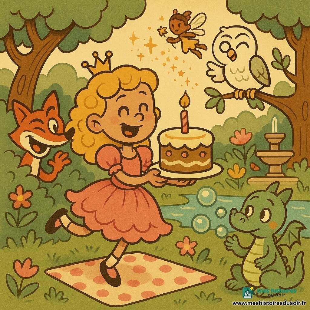Princesse Églantine, 7 ans, cheveux dorés bouclés, robe rose à volants, sourit en tenant une assiette de gâteau et saute sur la pointe des pieds; Fripon le renard roux aux yeux malicieux se cache à gauche derrière un buisson en ricanant; Plumette la chouette ronde et blanche cligne des yeux perchée sur une branche au-dessus de la princesse; Fumet le petit dragon vert, timide mais content, souffle des bulles près d’une fontaine à droite; la minuscule fée Lila vole au-dessus du gâteau en répandant une poussière dorée; décor : jardin enchanté coloré avec arbres courbés, fleurs, nénuphars et rivière chantante; scène : tous autour d’un grand gâteau sur une nappe à pois, ambiance de fête comique aux gestes exagérés et expressions lisibles.