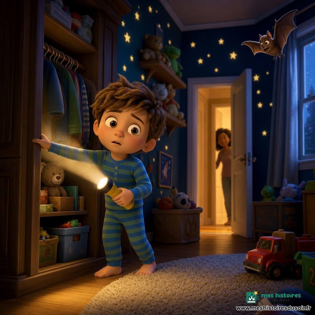Un garçon de 6 ans, petit et rond, cheveux châtain clair en bataille et yeux grands, tient une lampe de poche jaune qui éclaire son visage et l'intérieur d'une armoire ouverte où pendent des vêtements, boîtes à jouets et un ours en peluche à moitié caché; il porte un pyjama rayé bleu et vert, une main sur la porte, l'autre pointant la lampe vers l'intérieur. Au fond du couloir, la porte de la chambre est entrouverte avec une lumière chaude suggérant la présence de la maman; une petite chauve-souris brune aux ailes repliées vole près de la fenêtre en haut à droite. La chambre, intime, a des murs bleu nuit avec des étoiles phosphorescentes, un tapis crème, des étagères de peluches et un camion rouge au sol; la scène montre un moment tendre où le garçon brave sa peur du noir et découvre qu'il n'y a rien de menaçant, la chauve-souris apportant une touche de douceur nocturne.