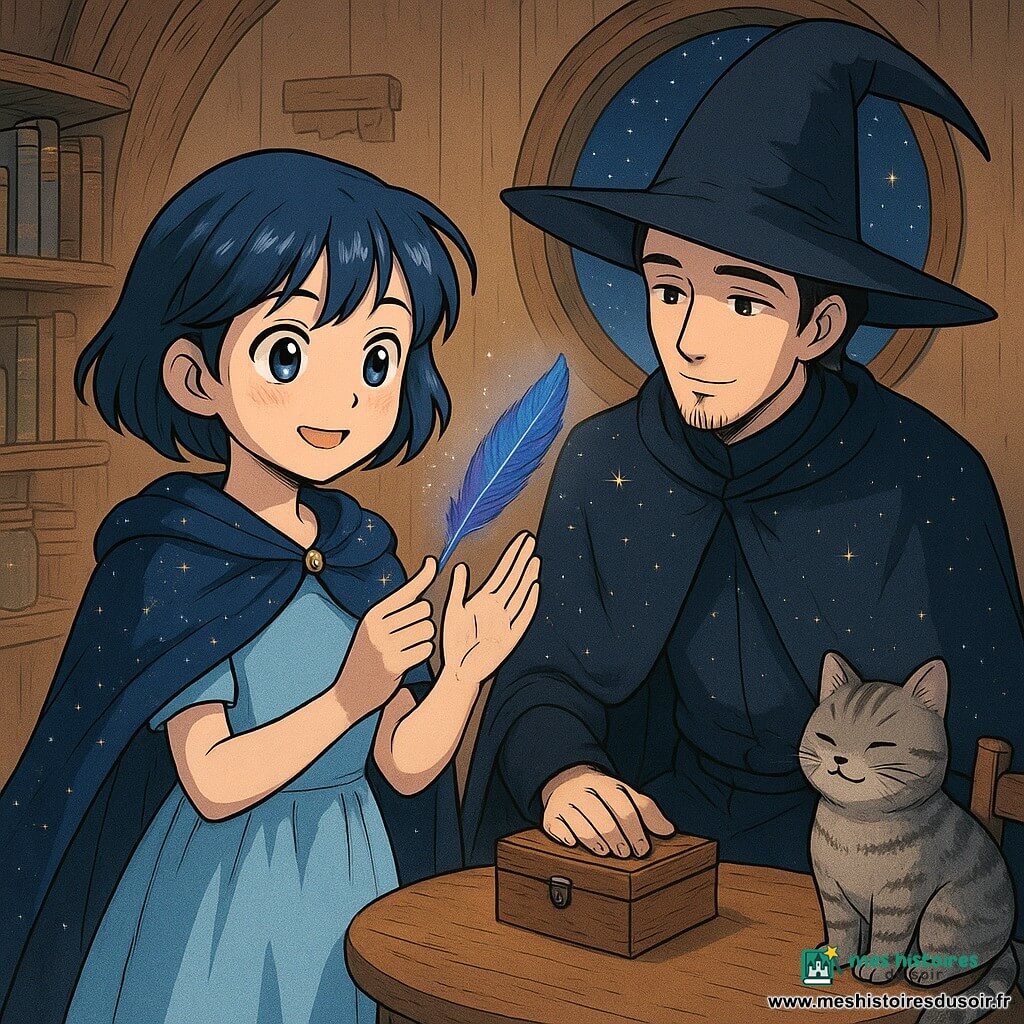 Luna, jeune sorcière souriante aux yeux brillants et cheveux courts bleu nuit mêlés d'argent, porte une robe courte bleu ciel et un châle étoilé; elle tient une fine plume magique bleu irisé aux reflets violets qui tremble mais s'éclaircit tandis qu'elle la rassure, visage tendre et concentré. À côté d'elle, un veilleur d'éclipses adulte, grand et calme, coiffé d'un chapeau en lune mince et vêtu d'un manteau sombre constellé d'étoiles, s'agenouille légèrement, main près d'un petit coffret en bois, regard bienveillant. Un petit chat du grenier, dodu au pelage gris tigré et aux yeux dorés, est installé sur une chaise, queue enroulée, observant la plume qui reprend des couleurs. La scène se déroule dans une petite tour ronde aux murs de bois clair vibrants, étagères de livres et bocaux, fenêtre ronde donnant sur un ciel étoilé et une douce lumière dorée; ambiance chaleureuse, magique et apaisante.