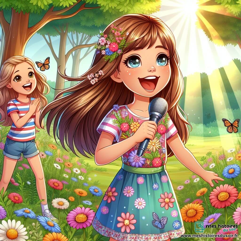 Clara, une petite fille de 11 ans, se tient au centre d'une clairière, le visage rayonnant de joie. Elle a de longs cheveux châtains et porte une robe colorée ornée de fleurs. Ses yeux brillent d'excitation alors qu'elle chante avec passion, souriante. À ses côtés, sa meilleure amie Lila, également âgée de 11 ans, l'encourage avec admiration. Lila a des cheveux châtains clairs en tresse et porte un t-shirt à rayures avec un short en jean, applaudissant avec enthousiasme. La scène se déroule dans une clairière ensoleillée entourée d'arbres majestueux et de fleurs sauvages colorées, avec des papillons virevoltant autour. Clara chante devant un petit groupe d'amis, créant une ambiance chaleureuse et accueillante, célébrant l'amitié et la confiance en soi.