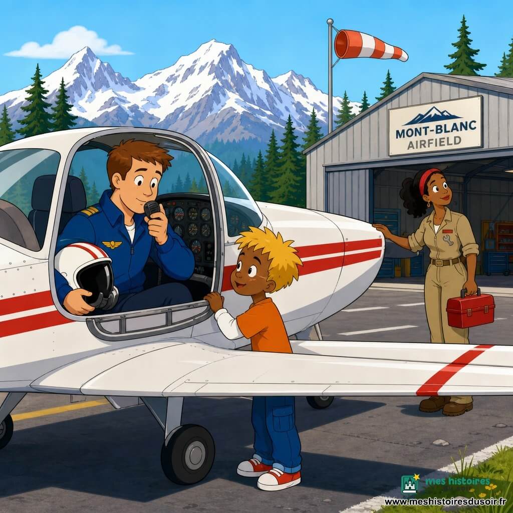 Léo, pilote d'une trentaine d'années, cheveux bruns courts, veste bleue et casque sous le bras, effectue des vérifications dans le cockpit d'un petit avion blanc à bande rouge en parlant au micro; Noé, garçon d'environ huit ans, cheveux blonds en bataille, regarde Léo avec admiration depuis la porte du cockpit, mains sur la rambarde; Sana, mécanicienne d'une trentaine d'années en tenue kaki, boîte à outils rouge à la main, inspecte l'aile près du hangar; petit aéroport de montagne avec piste courte, hangar en tôle, manche à air flottante, sapins et sommets enneigés sous un ciel clair — préparation calme et rassurante avant le décollage.