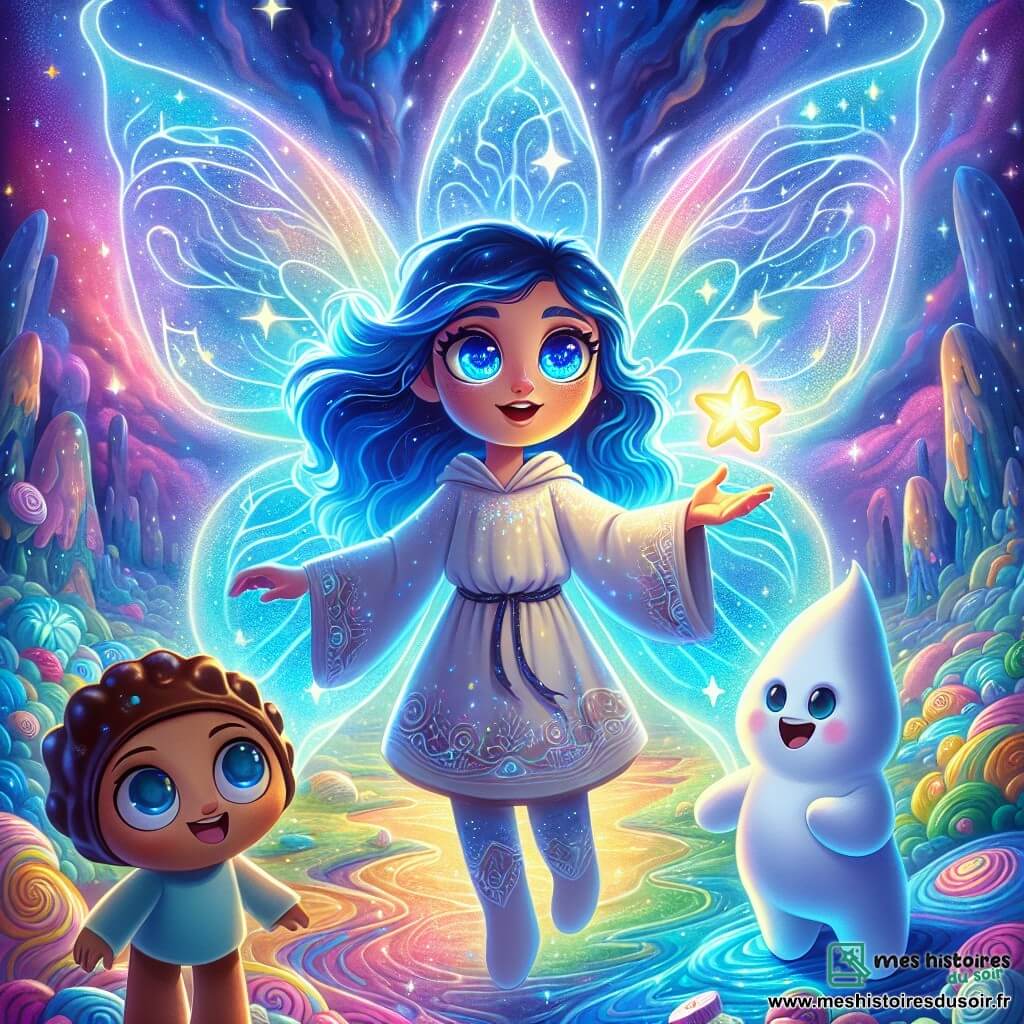 Lyra, une jeune fille de douze ans aux cheveux bleu profond, se tient au centre de l'image, les yeux brillants d'excitation. Elle porte une tunique légère ornée de motifs étoilés et tend la main vers une étoile lumineuse flottante. À ses côtés, Gigi, un petit bonhomme à la peau en guimauve de huit ans avec un chapeau en chocolat, sourit joyeusement. Elyndra, la Gardienne des Portails, est une créature majestueuse avec des ailes translucides brillantes, observant Lyra avec bienveillance. Le paysage cosmique vibrant, avec des planètes colorées et des rivières de lumière, crée une atmosphère magique. Lyra, Gigi et Elyndra se préparent à entrer dans un portail lumineux, symbolisant le début de leur quête pour retrouver l'Étoile de l'Équilibre, leurs visages reflétant excitation et aventure.