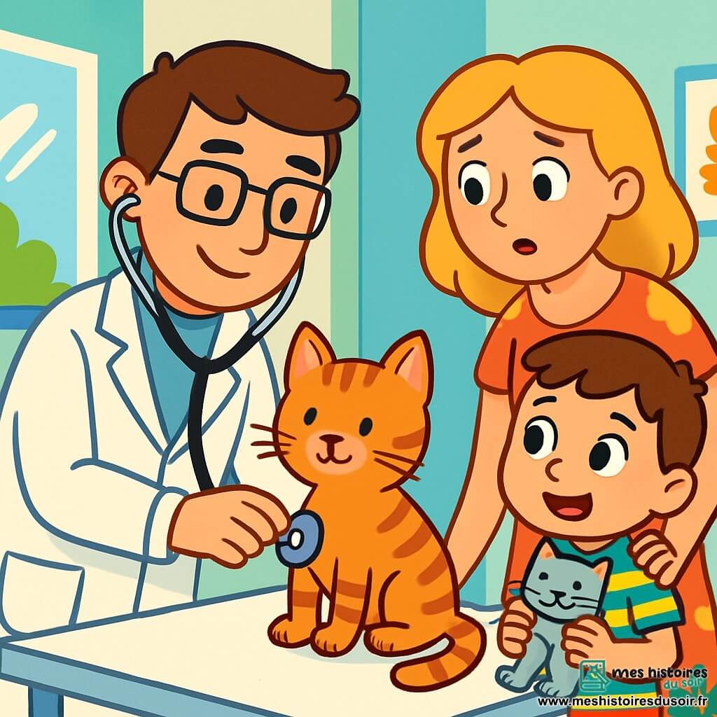 Un vétérinaire d'une trentaine d'années, avec des cheveux bruns et des lunettes, sourit en examinant un chat tigré sur une table. Il porte une blouse blanche et un stéthoscope, affichant une expression bienveillante. À ses côtés, une mère d'une quarantaine d'années, avec des cheveux blonds, regarde son fils de 6 ans, qui est excité. Le garçon, avec des cheveux châtains et un t-shirt à rayures, tient un jouet en forme de chat. La clinique vétérinaire est lumineuse, avec des murs bleu pastel et des affiches d'animaux. Le vétérinaire écoute le cœur du chat, tandis que le garçon et sa mère attendent, curieux de savoir si Minou va bien.