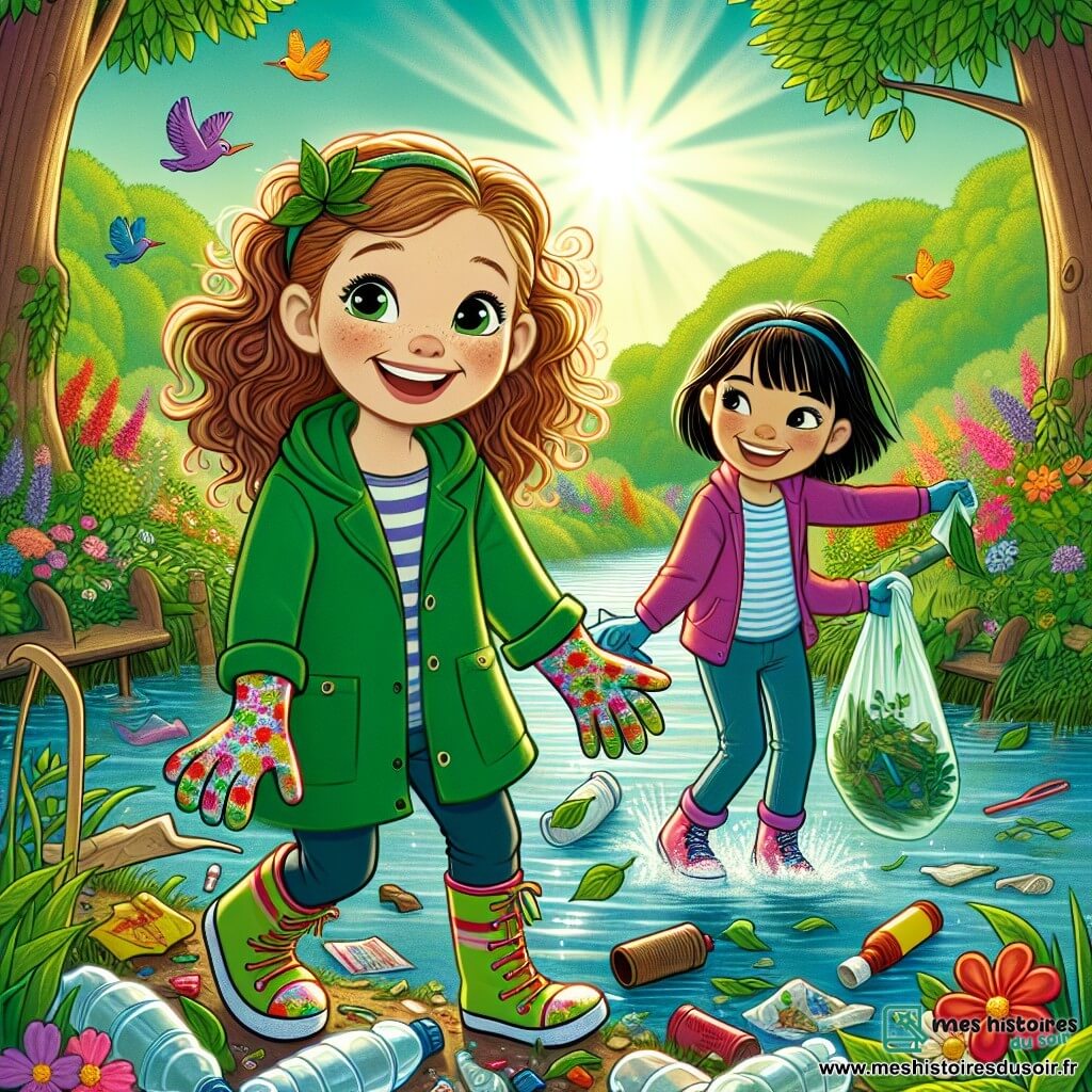 Clara, une fille de 12 ans aux cheveux bouclés et aux yeux pétillants, sourit en ramassant des déchets au bord d'un ruisseau. Elle porte une veste verte et des gants de jardinage colorés. À ses côtés, son amie Emma, également âgée de 12 ans, avec des cheveux lisses et une frange, tient un sac poubelle et l'encourage. Le ruisseau scintille sous le soleil, entouré de verdure et de fleurs colorées. Des oiseaux chantent, créant une ambiance joyeuse. Les deux amies s'efforcent de nettoyer l'environnement en ramassant des déchets, montrant leur engagement à protéger la nature.