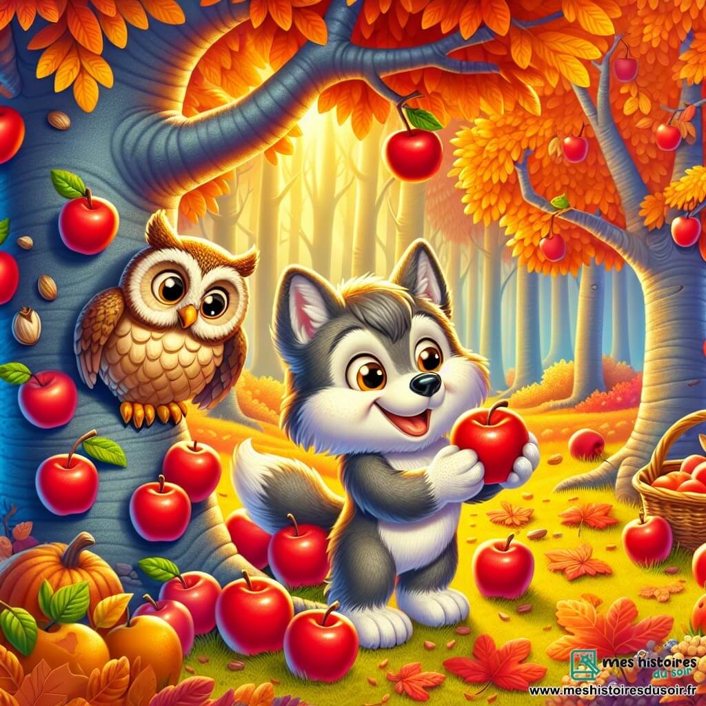 Un petit loup aux poils gris et aux yeux pétillants, souriant, ramasse des pommes rouges sous un pommier aux feuilles dorées. À côté, un hibou sage avec un plumage brun observe, prêt à aider. La scène se déroule dans une forêt enchantée aux couleurs d'automne, avec un sol recouvert de feuilles mortes. Ils préparent une tarte aux pommes, entourés de fruits et de noix, tandis que le soleil se couche, projetant une douce lumière dorée.