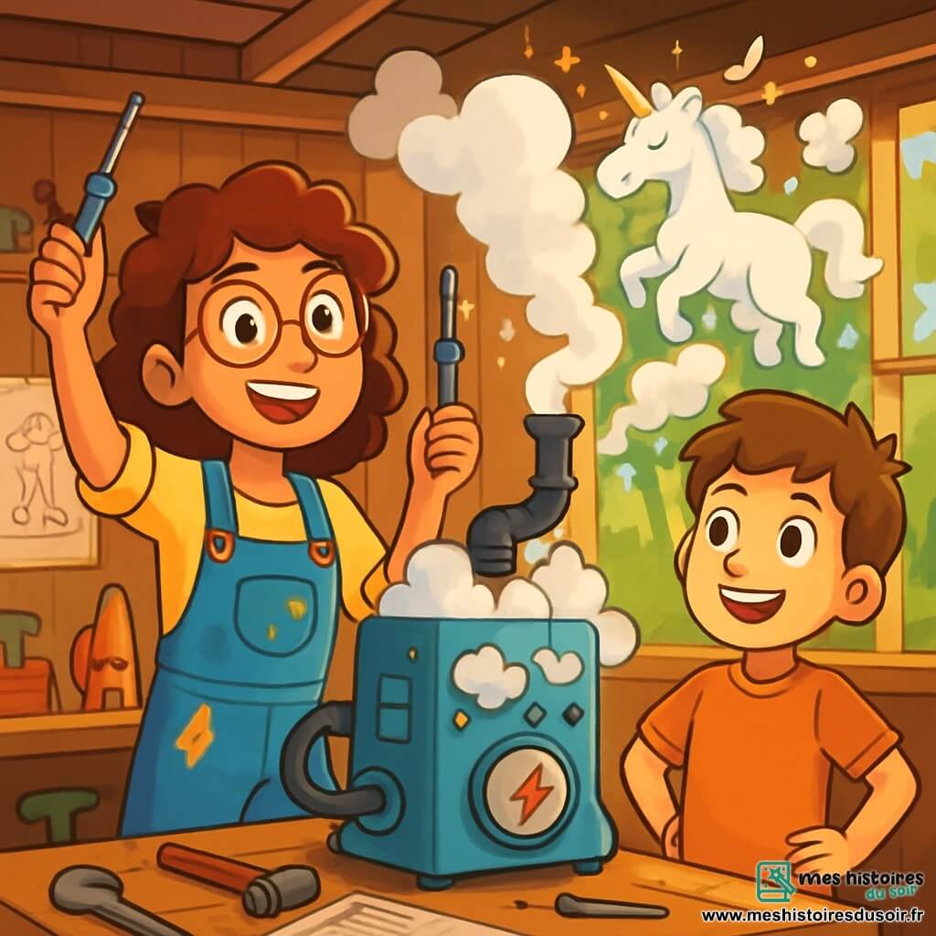 Une jeune inventrice, Lila, avec des cheveux bouclés et des lunettes rondes, sourit en tenant un tournevis. Elle porte une salopette bleue tachée de peinture et se tient devant une machine étrange qui émet de la vapeur. À ses côtés, Tom, un garçon de 10 ans aux cheveux châtains, observe avec émerveillement, prêt à l'aider. La scène se déroule dans une cabane en bois au fond d'un jardin luxuriant, remplie d'outils et de prototypes colorés, avec des rayons de soleil filtrant à travers les fenêtres. Lila et Tom testent leur machine à nuages, qui produit des nuages en forme de licornes flottant dans l'air, entourés de paillettes dorées. Leur joie et leur excitation témoignent de leur passion pour l'invention et l'amitié.