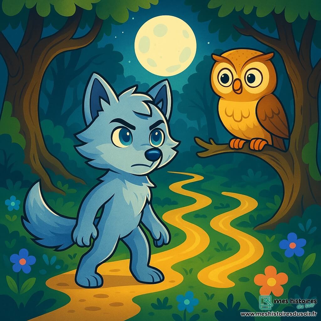 Un jeune loup-garou nommé Luneclaire, avec un pelage argenté, se tient au centre de la scène. Ses yeux bleus expriment une détermination tandis qu'il regarde un chemin mystérieux. À ses côtés, une chouette dorée observe Luneclaire avec encouragement. La scène se déroule dans la Forêt des Chuchotis, entourée d'arbres tordus et de fleurs luminescentes, éclairée par la lune. Luneclaire se tient devant trois chemins mystérieux, prêt à choisir sa voie pour retrouver l’Aube d’Argent et sauver la forêt.