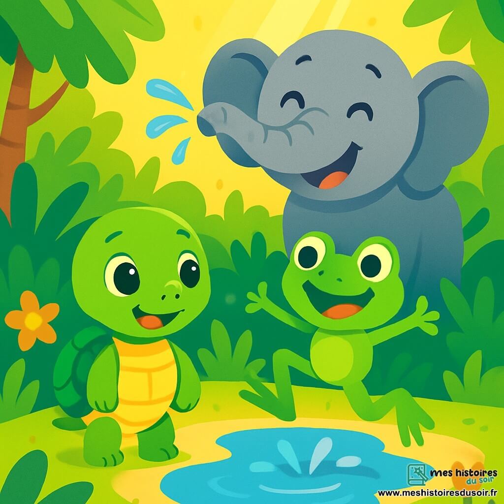 Une tortue nommée Tilly, avec une carapace verte et des yeux curieux, se tient au bord d'une flaque d'eau, souriante. À côté d'elle, une grenouille joyeuse saute, prête à explorer. Un éléphant gris, avec de grandes oreilles, se tient en arrière-plan, riant. Le décor est une jungle luxuriante, remplie de feuillages verts, de fleurs colorées et de rayons de soleil. Tilly et ses amis découvrent ensemble le bruit mystérieux de 'plouf-plouf', entourés de rires et de joie.