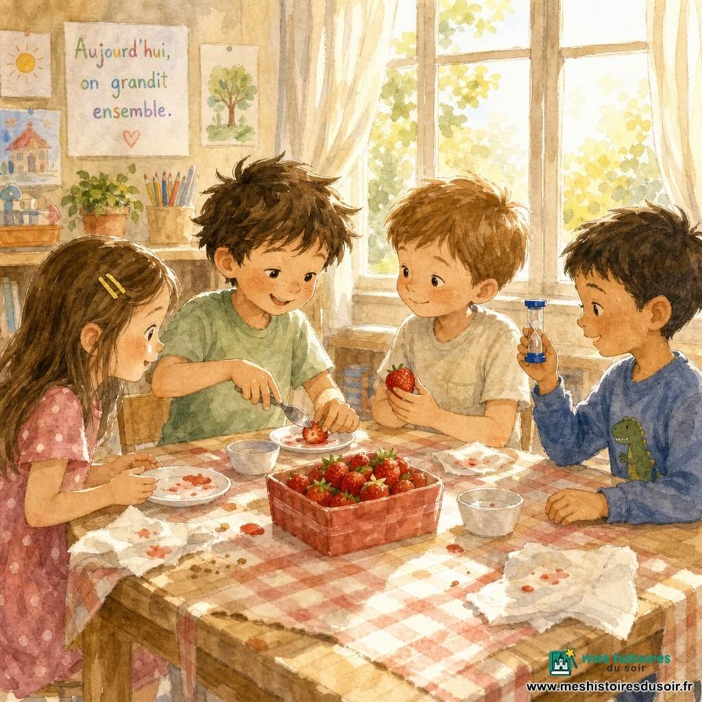 Quatre enfants de 6 ans forment un petit cercle autour d’une boîte de fraises rouge au centre d’une table en bois clair: Malo, cheveux bruns en bataille et t-shirt vert pâle, est assis au centre et montre comment couper une fraise avec une petite cuillère, concentré mais souriant; Lina, cheveux longs avec barrettes jaunes et robe à pois rose, est à sa gauche, penchée en avant, prête à tenir une assiette; Samir, pull bleu à dinosaure et cheveux courts, est à droite, tient un petit sablier en regardant le sable tomber avec une expression encourageante; Hugo, cheveux châtains et t-shirt clair, est en face, tenant une fraise entière et souriant timidement, prêt à essayer. La classe est lumineuse, fenêtres avec rideaux légers laissent entrer une lumière dorée, la table est couverte d’une nappe à carreaux avec serviettes froissées et petits bols blancs; gestes simples et précis, éclaboussures de jus, miettes, sourires et attention partagée créent une ambiance chaleureuse et paisible, rendu aquarelle doux aux couleurs lavées et contours délicats.