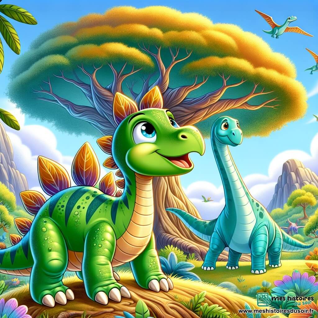 Un jeune stégosaure nommé Spike, avec une carapace verte et une longue queue, se tient au sommet d'une colline, les yeux brillants d'excitation et un large sourire. À ses côtés, sa grande amie Dina, une diplodocus au long cou et à la peau bleu clair, admire un arbre majestueux aux feuilles scintillantes. En arrière-plan, un grand arbre ancien aux branches étendues et aux feuilles dorées se dresse dans une vallée verdoyante peuplée de dinosaures colorés. La scène évoque une atmosphère d'aventure et de découverte, alors que Spike et Dina se préparent à explorer le mystère de l'arbre légendaire.