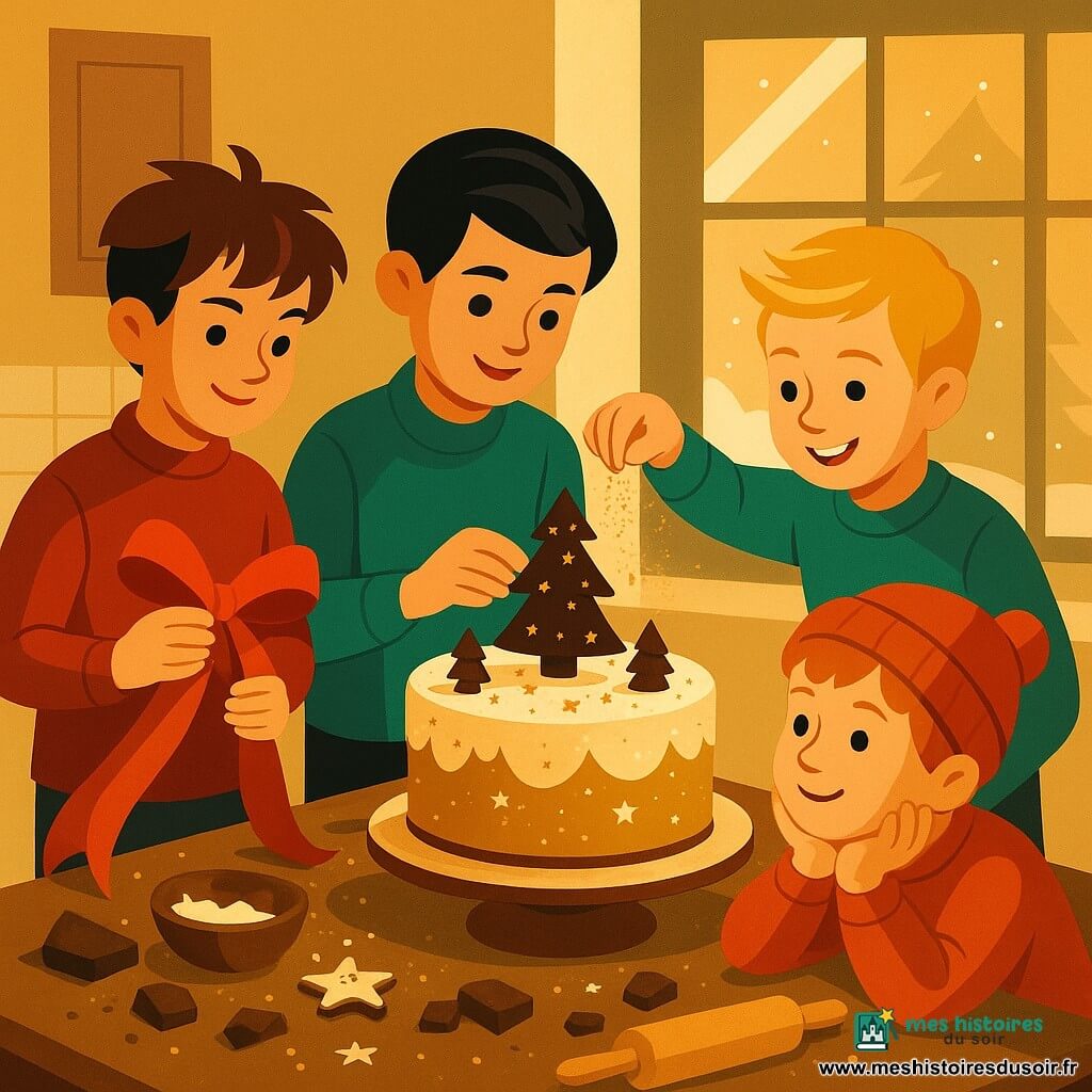 Quatre enfants décorent un gâteau de Noël dans une cuisine chaleureuse et lumineuse. Arthur, 10 ans, avec des cheveux bruns ébouriffés, tient un ruban rouge. Noé, 9 ans, saupoudre des paillettes dorées. Léo, 10 ans, place un sapin en chocolat. Hugo, 9 ans, admire le gâteau. La cuisine a des murs crème et une grande fenêtre. La table en bois est couverte de farine et de chocolats, avec un gâteau décoré de glaçage blanc et d'étoiles en sucre. Les enfants sont concentrés et joyeux, illuminés par l'excitation et la lumière douce.