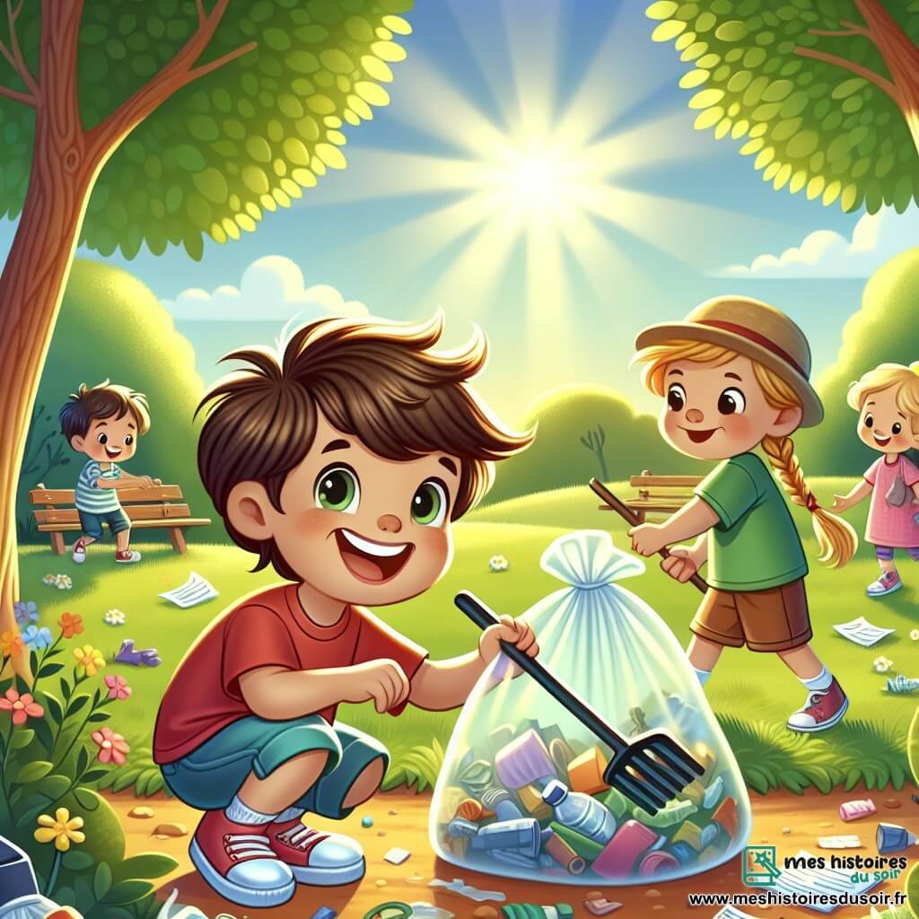 Un petit garçon de 4 ans, Tom, avec des cheveux bruns en bataille et un grand sourire, est accroupi dans un parc ensoleillé, ramassant des déchets avec un sac en plastique. Il porte un t-shirt rouge et un short bleu, et ses yeux brillent d'excitation. À côté de lui, Clara, une fille de 5 ans avec de longs cheveux blonds tressés, tient un autre sac et sourit en montrant un jouet cassé qu'elle a trouvé. Max, un garçon de 6 ans, est debout un peu plus loin, concentré sur le ramassage de papiers. Le parc, rempli d'arbres et de fleurs, est parsemé de déchets. Tom et ses amis nettoient le parc avec des sourires, illustrant leur joie et leur engagement à protéger la nature.