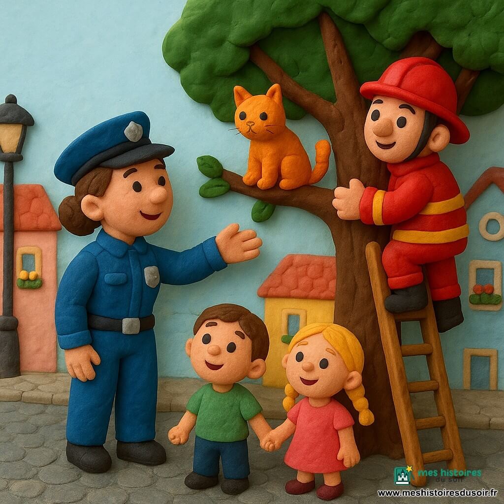 Une scène matinale rassurante : une policière souriante d'environ 30 ans, chignon châtain, en uniforme bleu, tend la main vers un petit chat roux et fluffy perché sur une branche basse; un pompier grand d'environ 40 ans, casque rouge, grimpe une grande échelle en bois pour le sauver; deux enfants — une fille de 6 ans en nattes tenant un ballon rouge et un garçon de 5 ans tenant sa main — regardent émerveillés depuis le trottoir près d'une voiture de police bleue; rue pavée bordée de maisons pastel, lampadaire ancien et pots de fleurs; lumière douce du matin, atmosphère calme; style pâte à modeler, formes arrondies, couleurs saturées et expressions lisibles pour les tout-petits.