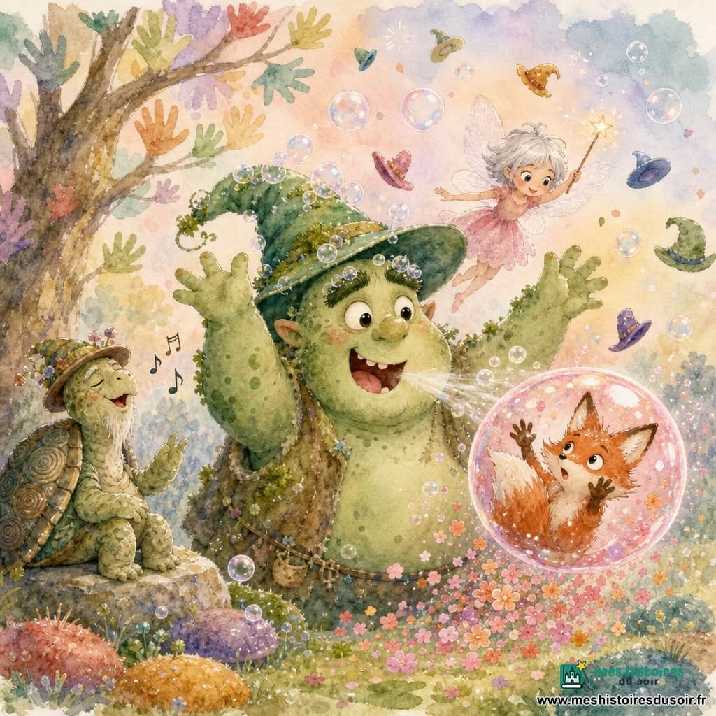 Un ogre joyeux et rond à la peau vert tendre tachetée de mousse et aux grands yeux brillants, coiffé d’un grand chapeau vert qui fait des bulles, rit en levant les bras tandis que Mirette, petite fée aux cheveux argentés et robe rose pâle, flotte derrière lui avec une baguette scintillante en montrant les chapeaux; à gauche, une vieille tortue mâle à la carapace spirale chante doucement, un chapeau sur la tête, et un renard roux malicieux est coincé dans une grosse bulle rose qui se transforme en pluie de fleurs pendant que l’ogre souffle pour l’aider et que la fée calme le vent; la clairière aux herbes douces, coussins de mousse et chapeaux brillants tombant comme des confettis est baignée d’un ciel pastel parsemé de bulles, ambiance chaleureuse, douce et aquarelle.