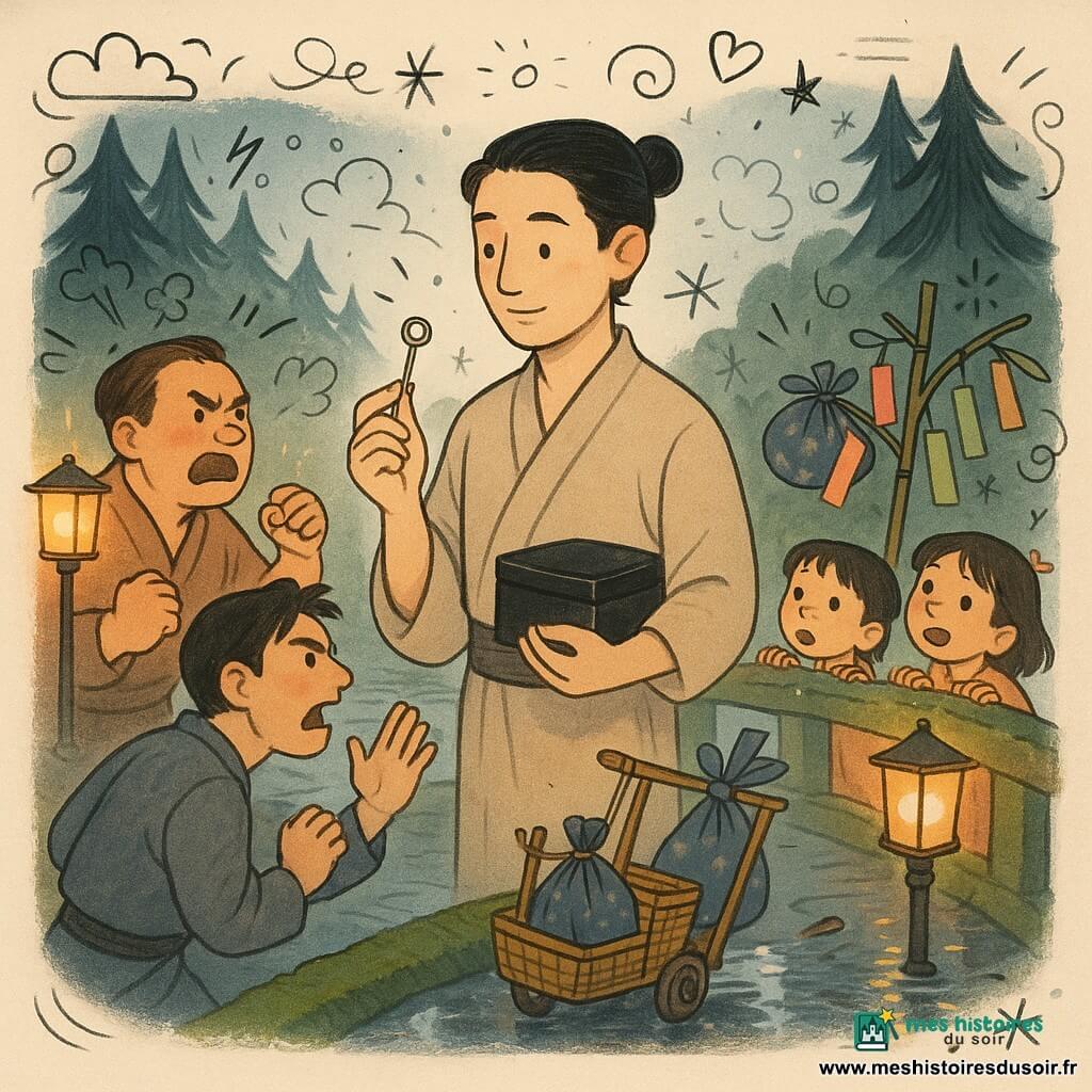 Hideo, homme d’environ 30 ans au visage doux et calme, cheveux noirs en chignon bas, tient une petite clé métallique brillante et une boîte en laque noire sous le bras; face à lui, deux hommes — l’un d’environ 40 ans, visage rouge, sourcils froncés et poings serrés, l’autre d’environ 35 ans, mâchoire crispée et bras en défense — se font face sur un pont de pierres lisses et mouillées bordé de mousse; en arrière-plan proches, un garçon de 8 ans et une fille de 10 ans, émerveillés, sont accrochés à la rambarde; un traîneau en bambou près de Hideo porte un paquet en tissu indigo et des tanzaku colorés; le ruisseau en dessous reflète des cèdres sombres et un petit torii vermillon, l’éclairage est crépusculaire avec des lanternes chaudes projetant de longues ombres; Hideo, calme et déterminé, montre la clé brillante pour apaiser la dispute au moment précis où la colère faiblit et les visages se relâchent.