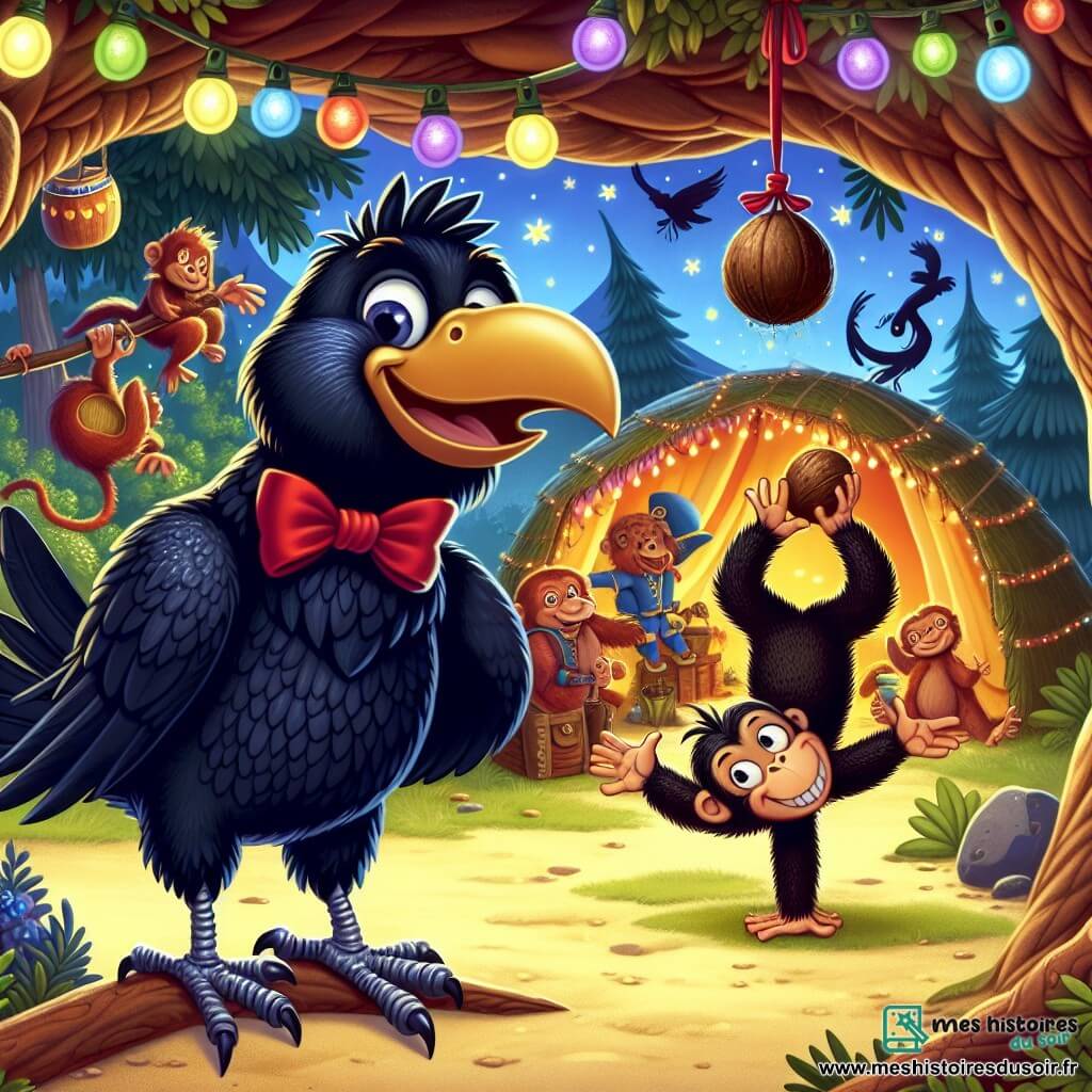Un corbeau nommé Gustave, avec un plumage noir brillant et un sourire, porte un nœud papillon rouge. À ses côtés, Maurice, un singe acrobate, jongle avec des noix de coco. En arrière-plan, une grotte décorée de lanternes colorées et de guirlandes scintillantes abrite des animaux joyeux, créant une ambiance festive. Gustave annonce le début d'une chasse au trésor, entouré de ses amis animaux, prêts pour une aventure.