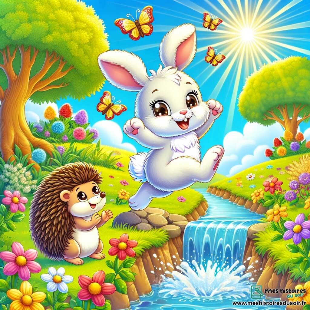 Illustration d'un petit lapin aux grandes oreilles douces et à la fourrure blanche, exprimant détermination et joie, sautant au-dessus d'un ruisseau scintillant, avec des fleurs colorées sur le chemin. Près de lui, un hérisson souriant, sur un petit rocher, applaudit son ami. Le décor est une prairie verdoyante, baignée de lumière dorée, avec des arbres aux feuilles éclatantes et des papillons. Le ciel est bleu avec quelques nuages blancs. La scène symbolise la confiance en soi et le soutien des amis, avec des rayons de soleil et des fleurs dansant au vent, créant une ambiance de joie et d'encouragement.