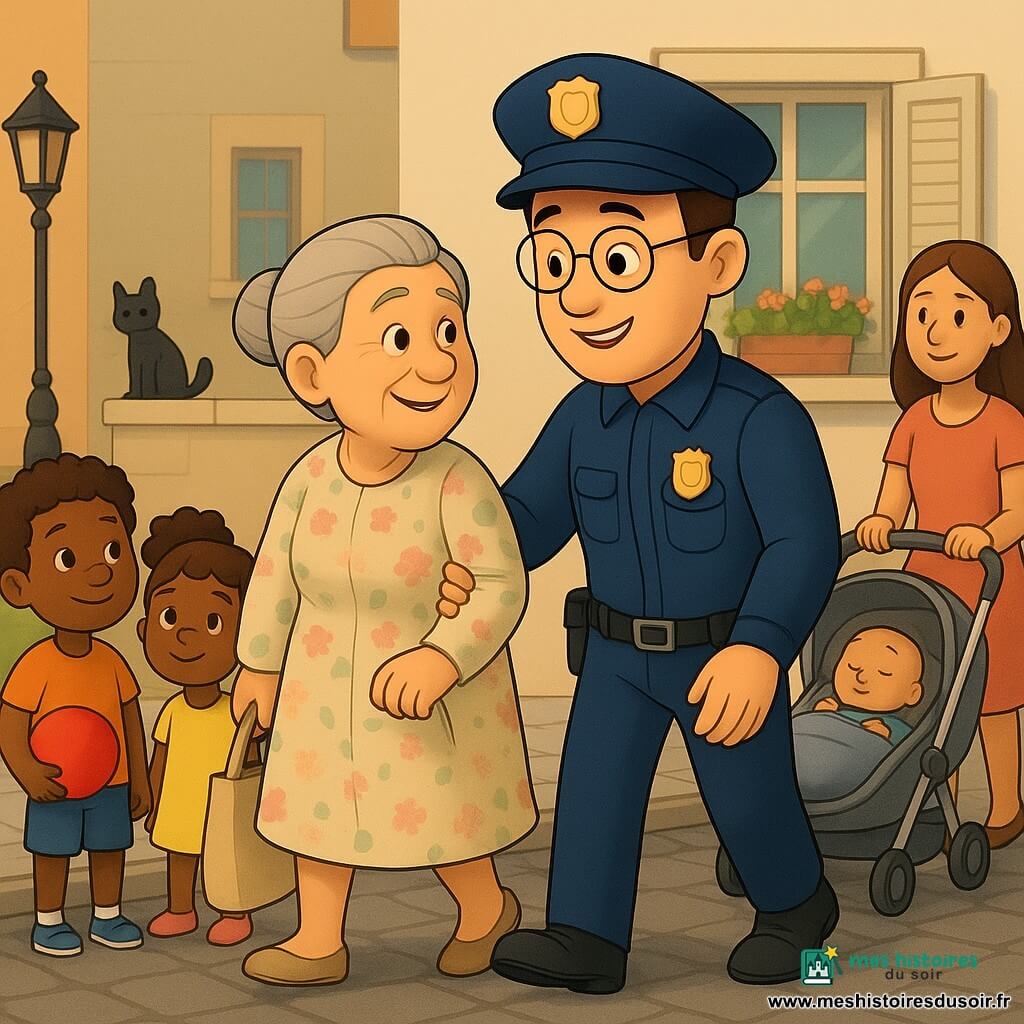 Un policier souriant la trentaine, visage rond et peau claire, en uniforme bleu marine et casquette, aide doucement Madame Dupont, 75 ans, cheveux gris en chignon et robe à fleurs pastel, à traverser la rue ; à gauche deux enfants (8 et 6 ans) jouent au ballon rouge et regardent admiratifs, à droite une jeune mère pousse une poussette grise où dort un bébé et sourit, en arrière-plan une maison de ville claire avec une fenêtre entrebâillée, des fleurs aux rebords et un petit chat noir sur le mur ; rue pavée, trottoirs larges, lampadaire ancien, plantes en pot et lumière douce du matin créent une ambiance chaleureuse et sûre.