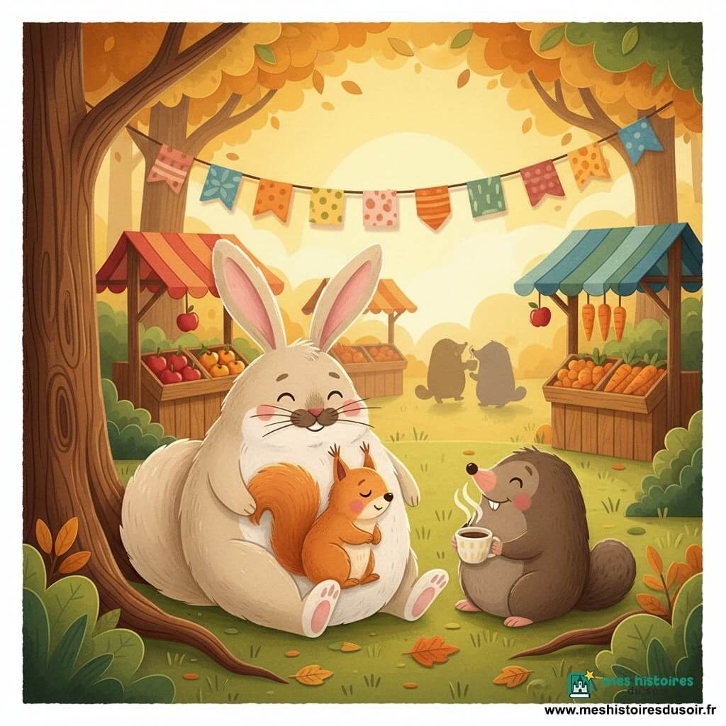Léon, un lapin dodu beige et blanc aux grandes oreilles, est allongé en demi-cercle et sert de coussin; Roussin, un petit écureuil roux endormi et paisible, est blotti contre lui; Mina la taupe gris-brun tient une tasse de chocolat chaud en touchant l'épaule de Léon; en arrière-plan, le marché de la clairière avec étals en bois et guirlandes sous une lumière dorée; sol d'herbe et feuilles, grosse racine en dossier; ambiance chaleureuse, douce et moelleuse, palette aux tons chauds, composition centrée, silhouettes simples et textures papier visibles.