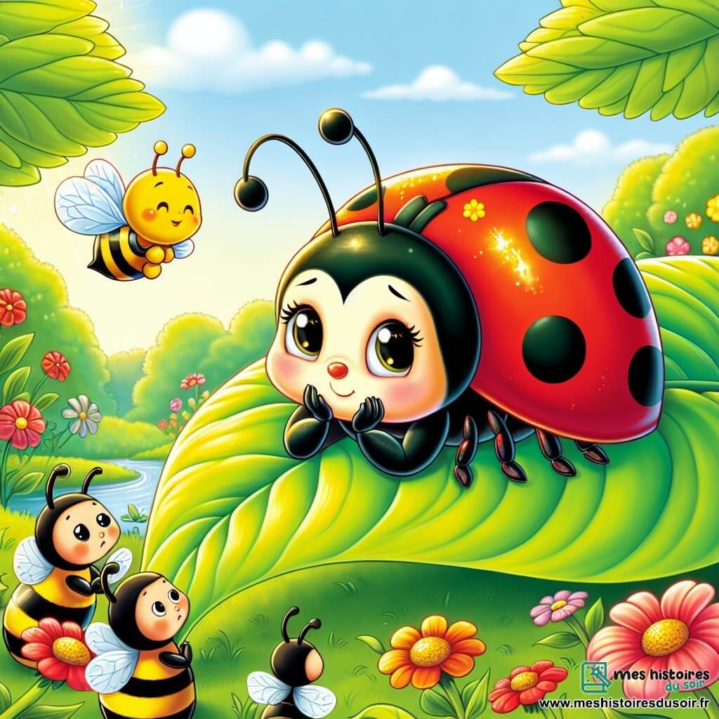 Illustration d'une coccinelle triste mais déterminée, avec des ailes rouge vif et des taches noires, sur une grande feuille verte, regardant le ciel avec un léger sourire, espérant retrouver ses couleurs. À proximité, une abeille joyeuse, rayée de noir et jaune, vole autour d'elle avec une expression amicale, portant une miette de pollen pour l'aider. Un groupe de fourmis noires et brillantes observe la scène, préoccupées mais solidaires. Le jardin ensoleillé, rempli de fleurs colorées et d'arbres verdoyants, crée une atmosphère paisible. La coccinelle partage ses inquiétudes avec ses amis, qui se rassemblent pour l'aider à surmonter sa maladie. Des pétales de fleurs vibrantes symbolisent l'espoir, accompagnés de bulles de dialogue réconfortantes entre les personnages.