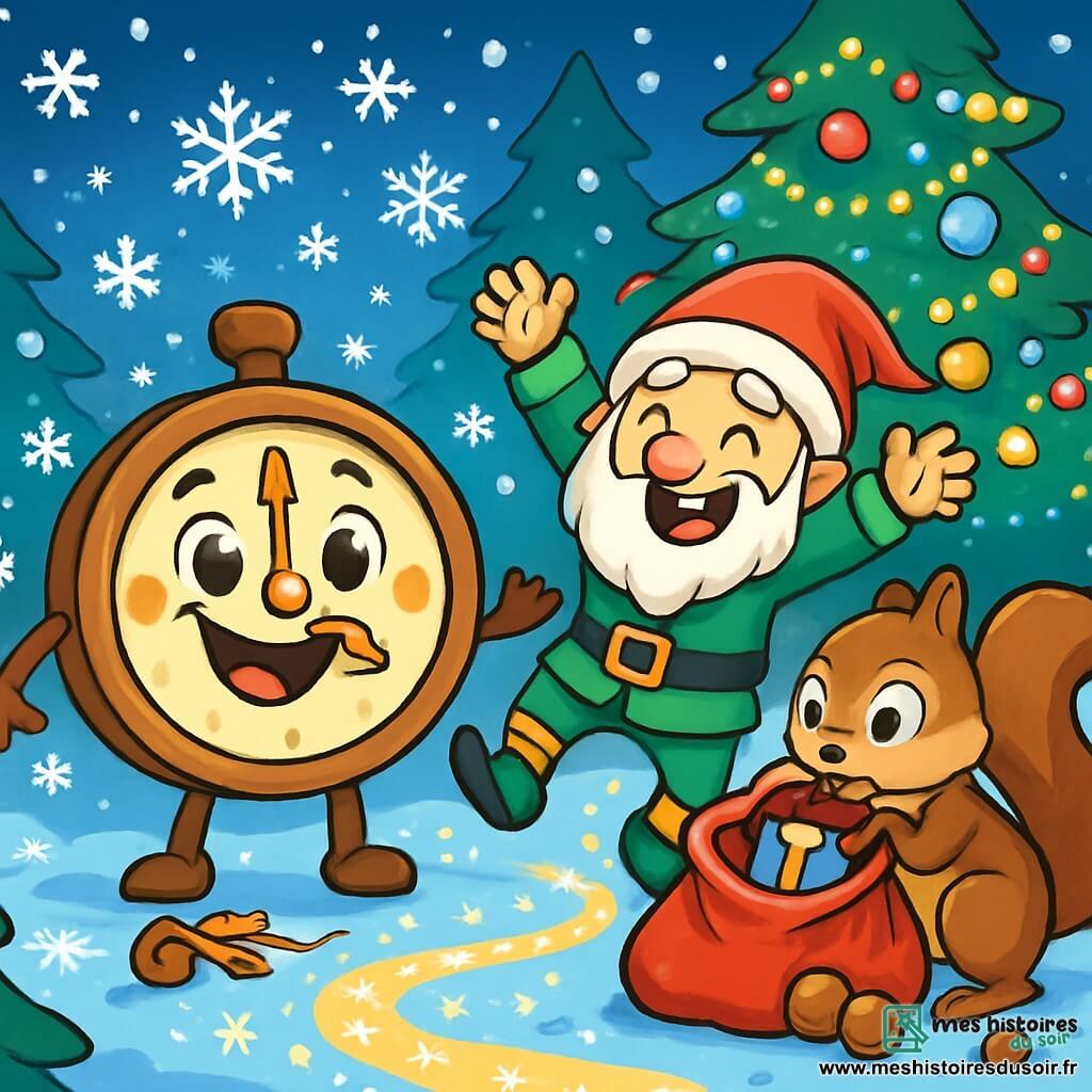 Tictac, une petite horloge en bois aux aiguilles dorées et au visage souriant, est au centre de la scène, entourée de flocons de neige. À sa droite, Fripon, le Lutin Farceur, joyeux avec sa barbe blanche et son costume vert, danse sur un chemin d'étoiles scintillantes. Un peu plus loin, Croustille, un écureuil aux grands yeux malicieux, fouille dans un grand sac rouge rempli de cadeaux, l'air surpris. La scène se déroule dans une forêt enchantée illuminée par des guirlandes de Noël, avec un grand sapin décoré au centre. Tictac et Fripon rient ensemble, tandis que Croustille découvre les trésors, créant une atmosphère festive et pleine de surprises.