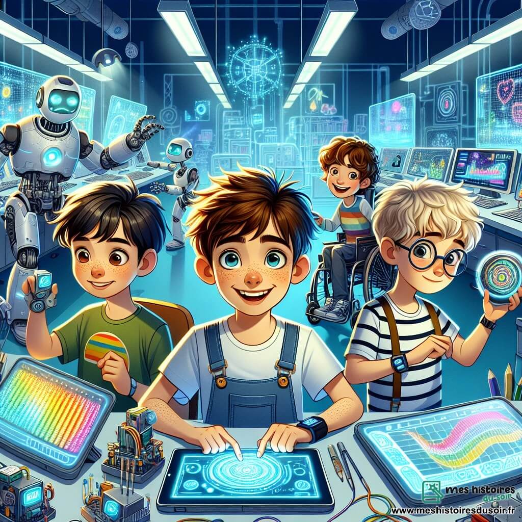 Dans un laboratoire futuriste, quatre amis se tiennent ensemble. Lucas, 12 ans, au sourire éclatant, tient un appareil holographique. À sa droite, Max, 11 ans, avec des lunettes rondes, tapote sur son bracelet technologique. À gauche, Victor, 12 ans en fauteuil roulant, sourit en tenant une tablette avec des graphiques colorés. Enfin, Tom, 11 ans aux cheveux blonds, observe les machines brillantes. Le laboratoire immense est rempli de machines futuristes, de robots et de prototypes d'énergie propre. Les amis essaient de sauvegarder des données cruciales alors qu'une alarme retentit, prêts à protéger leur découverte.