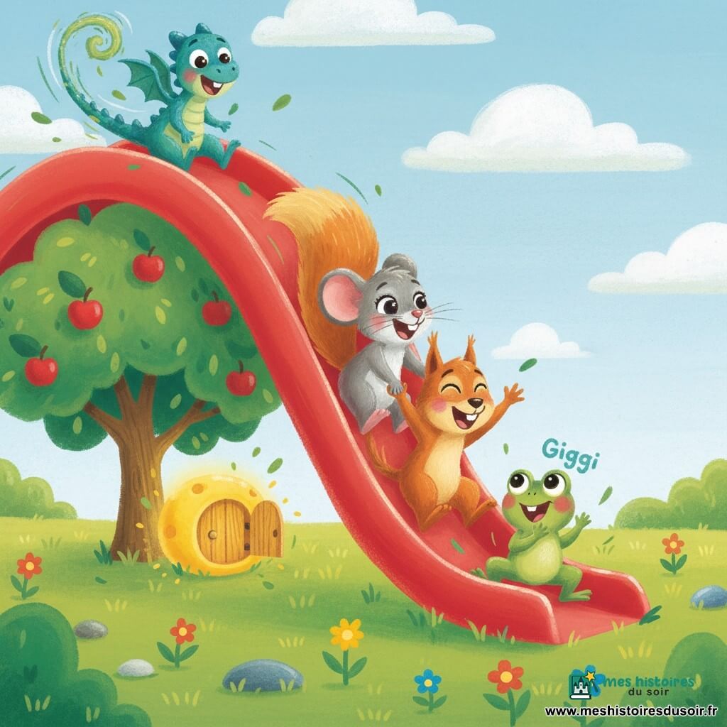 Minette, une petite souris grise aux grands yeux sourit en tenant la queue d’un ami en glissant sur un grand toboggan rouge; Grignote, un écureuil roux espiègle, rit devant elle, Gigi, une grenouille verte aux joues roses, applaudit en bas tandis que Drago, un petit dragon bleu-vert, descend en riant; un fromage magique jaune repose à l’ombre d’un pommier près du toboggan et le parc ensoleillé, avec pelouse, fleurs et ciel bleu, encadre la scène joyeuse et colorée centrée sur les quatre amis.