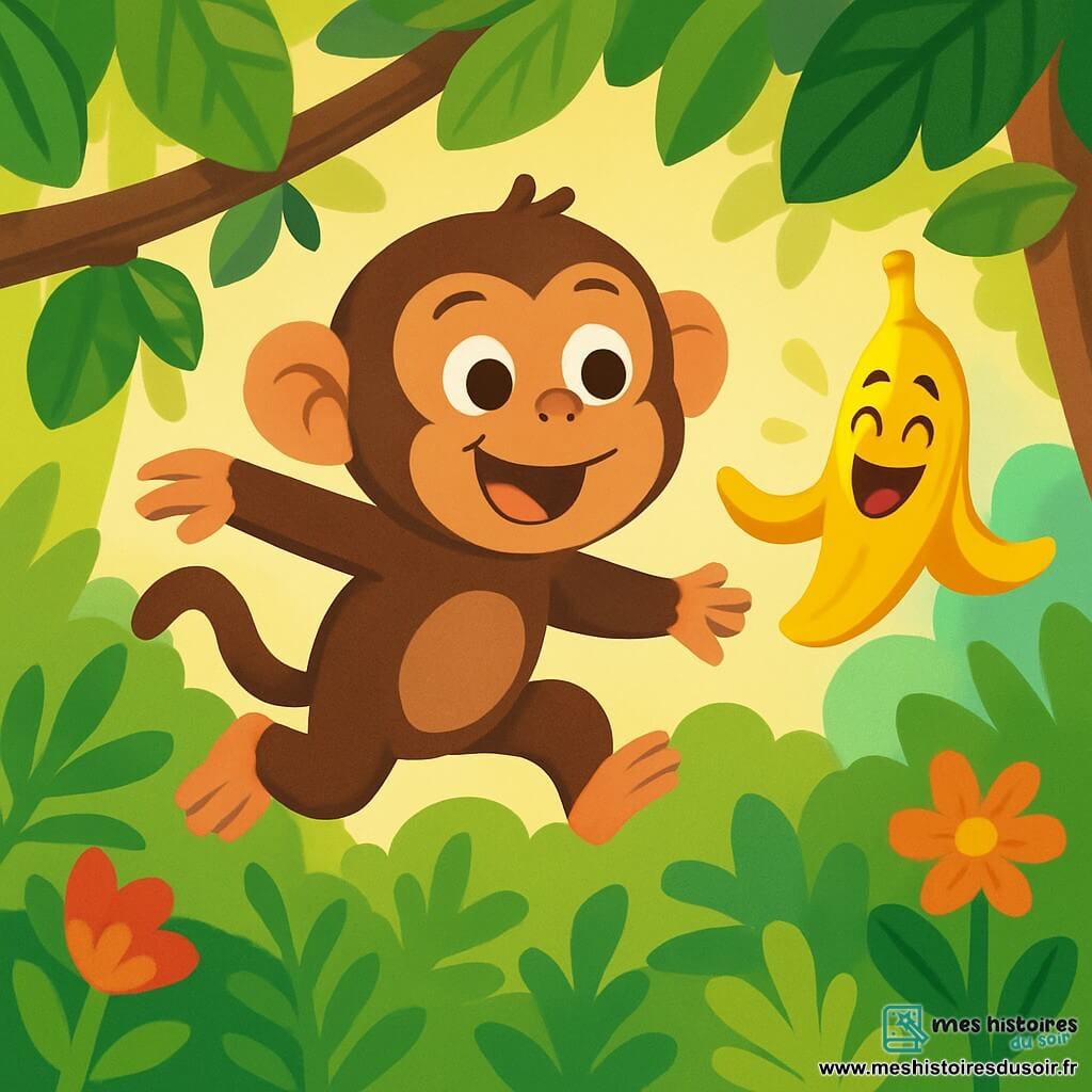 Zozo la guenon, avec son pelage brun et ses grands yeux malicieux, saute joyeusement d'une branche à l'autre, souriante. À côté d'elle, une épluchure de banane souriante flotte dans l'air, riant de tout cœur. La jungle luxuriante, remplie de feuilles vertes et de fleurs colorées, les entoure, avec des rayons de soleil filtrant à travers les arbres. Zozo, amusée, cherche sa banane disparue tout en jouant avec l'épluchure, créant une scène pleine de joie et de rires.
