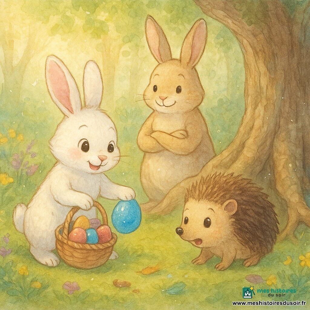 Un petit lapin nommé Flocon, pelage blanc et oreilles rosées, tient un panier d'œufs multicolores et pose un œuf bleu étincelant dans les racines d'un vieil arbre tandis que le grand Lapin de Pâques crème, bienveillant, le regarde, un hérisson aux piquants bruns découvre l'œuf au premier plan ; la scène se déroule dans une clairière ensoleillée à tapis de mousse, fleurs jaunes et mauves et troncs tortueux, avec paniers, œufs peints, quelques traces de chocolat et plumes colorées, créant un instant de Pâques chaleureux et complice.