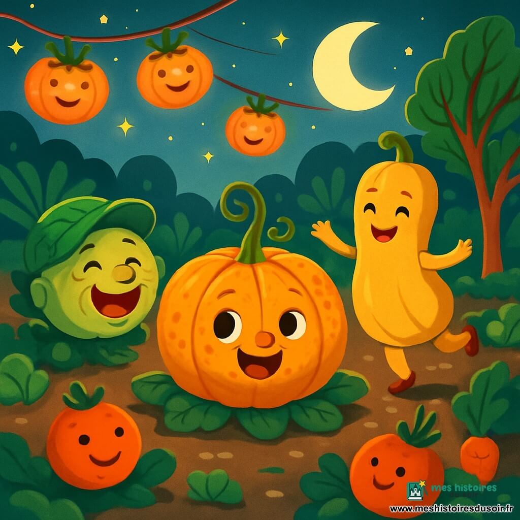 Une petite citrouille ronde nommée Pim, avec une peau orange tachetée de doré et une tige en tire-bouchon, sourit joyeusement au milieu d’un potager illuminé par des lampions-tomates scintillants. Elle est entourée de ses amis, des légumes colorés, qui s’amusent. À sa droite, une courge Butternut dorée danse en tournant sur elle-même, pleine de joie. À sa gauche, un vieux Chou fripé, portant un chapeau en feuille de salade, rit aux éclats. Le potager est baigné par la lumière douce de la lune, avec des rangées de légumes aux formes variées et des feuilles de rhubarbe géantes se balançant dans le vent. La scène montre une fête d'Halloween joyeuse, où les légumes jouent ensemble, créant une atmosphère magique et pleine de vie.