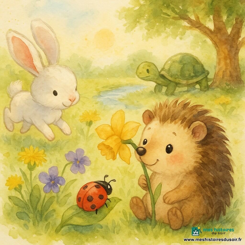 Petit Léo, hérisson rond aux piquants bruns et joues roses, est assis dans une prairie printanière en train de sentir une jonquille jaune; à sa gauche, Lapinou, petit lapin blanc aux grandes oreilles roses, renifle des fleurs, Madame Coccinelle, rouge à pois noirs, est posée près de son museau, et une tortue au dos vert-brun avance lentement près d’un ruisseau; paysage: herbe tendre, pissenlits, violettes, un vieux chêne, ciel pâle et soleil bas, ambiance matin doux avec palette pastel et textures aquarelle aux contours doux.