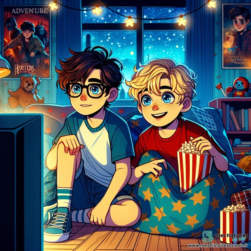 Deux garçons, Lucas et Max, âgés de 12 ans, sont assis sur un lit dans une chambre chaleureuse. Lucas, avec des cheveux bruns en bataille et des lunettes, porte un t-shirt bleu. Max, aux cheveux blonds, est vêtu d'un t-shirt rouge et blotti sous une couverture colorée, tenant un paquet de pop-corn. La chambre est décorée de posters de films d'aventure et de lumières en forme d'étoiles, créant une ambiance magique. Ils regardent un film d'horreur, Lucas est nerveux tandis que Max propose de jouer à un jeu pour détendre l'atmosphère, illustrant leur camaraderie face à l'obscurité.