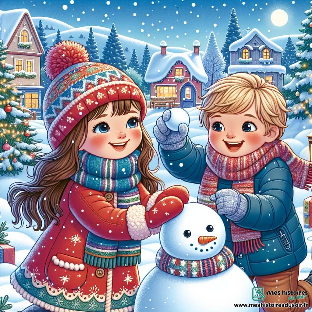 Célia, une fille de 11 ans, se tient dans un paysage hivernal féerique. Elle a de longs cheveux bruns, des joues rosies par le froid et porte un manteau rouge vif avec une écharpe multicolore. Son visage exprime joie et excitation alors qu'elle façonne une boule de neige pour créer un bonhomme de neige. À ses côtés, Lucas, un garçon de 11 ans aux cheveux blonds en bataille et lunettes rondes, rit en lançant une boule de neige, vêtu d'une veste bleue et d'un bonnet en tricot. Le décor est un village enneigé avec des maisons aux toits couverts de neige, des sapins décorés de guirlandes lumineuses et un ciel bleu clair. La scène illustre Célia et Lucas en pleine bataille de boules de neige, leurs rires résonnant dans l'air froid, capturant l'esprit joyeux de l'hiver.