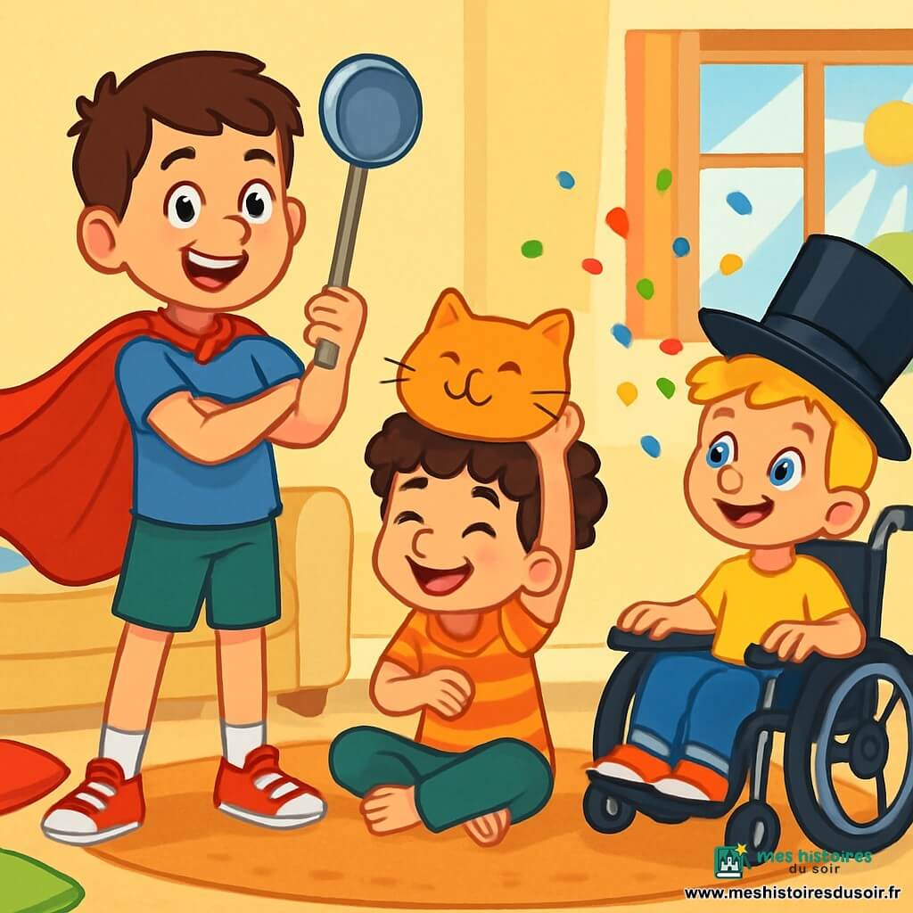 Trois personnages sont présents : Maxime, un garçon de 8 ans avec une cape rouge, se tient debout, déterminé ; Hugo, un garçon de 6 ans, espiègle avec un coussin-chat sur la tête, fait semblant de ronronner assis au sol ; et Lucas, un garçon de 4 ans dans son fauteuil roulant, joyeux avec un chapeau haut-de-forme laissant tomber des confettis. L'action se déroule dans un salon lumineux aux murs jaunes, rempli de coussins colorés et d'un grand tapis moelleux. Les frères sont en compétition pour trouver l'objet le plus rigolo de la maison : Maxime brandit une louche, Hugo rit avec son coussin-chat, et Lucas fait jaillir des confettis, tous riant ensemble dans une ambiance joyeuse.