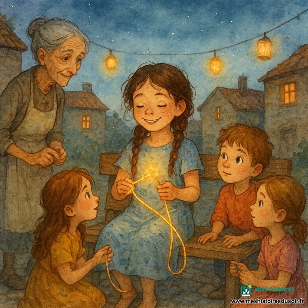 Lila, 8 ans, rayonnante et apaisée, est assise sur un banc en bois au centre de la place du village au crépuscule, tenant un fil d'or brillant enroulé autour du cou et dans les mains comme une petite lampe invitant les enfants à écouter ; elle a des tresses brunes un peu rebelles, des taches de rousseur, une robe bleu pâle tachée d'encre et un sourire doux. À gauche, une vieille couturière d'environ 70 ans, maigre et courbée, cheveux gris en chignon et tablier de lin, tient une petite bobine et regarde Lila avec bienveillance depuis l'arrière du banc. Trois enfants du village (deux filles et un garçon, 6–9 ans) sont assis ou agenouillés autour du banc, yeux curieux, vêtements colorés, chacun tenant un petit bout de fil et regardant Lila attentivement. La place pavée, maisons de pierre aux toits ocres et lampions suspendus diffusent une lumière chaude tandis que les étoiles apparaissent dans un ciel lavé d'aquarelle ; l'ambiance est intime, douce et légèrement magique, contrastant le doré chaud du fil avec les bleus du soir, textures d'aquarelle visibles et petites éclaboussures donnant du mouvement.