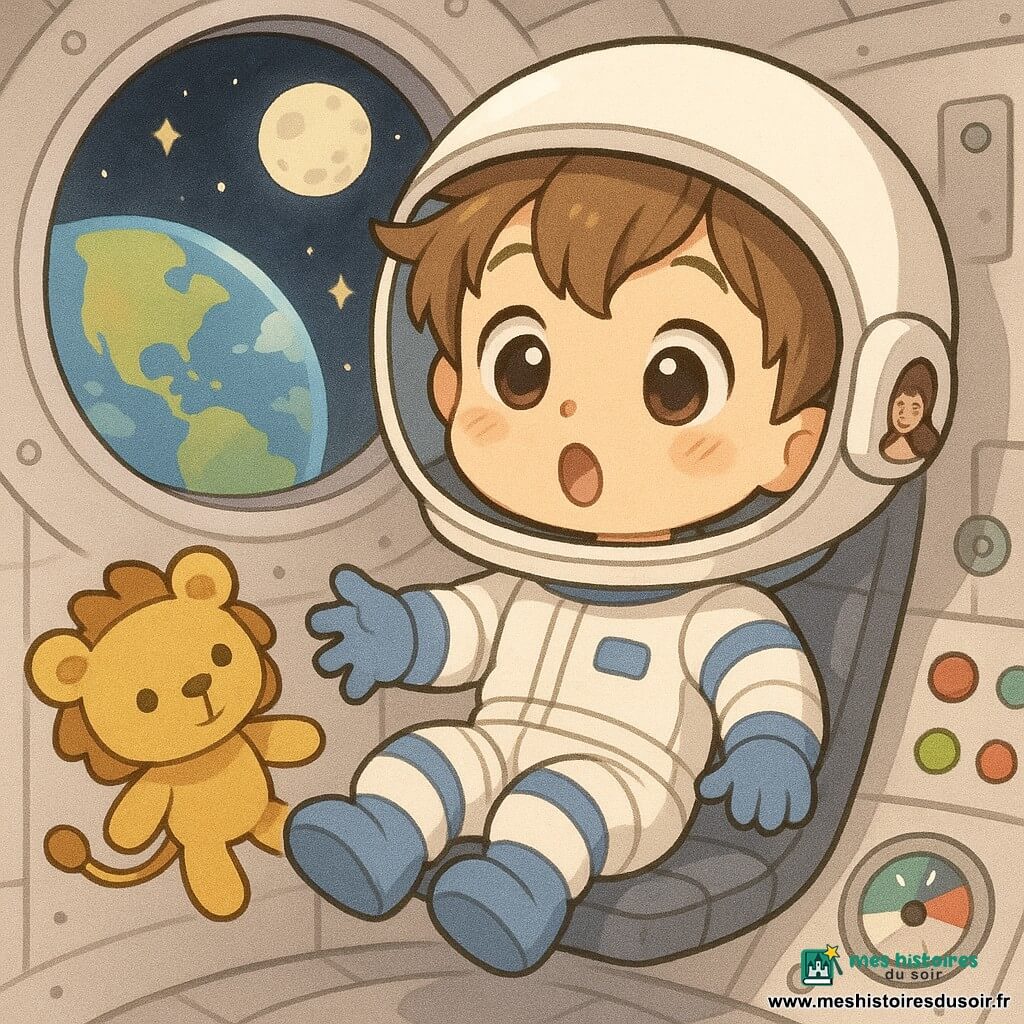 Noé, garçon d'environ 5 ans au visage rond et souriant, cheveux brun clair en bataille, yeux grands et brillants et bouche en petit o, flotte légèrement dans son siège avec un casque blanc; il porte une combinaison spatiale blanche à bandes bleues et bottines rembourrées, sa peluche lion moutarde aux yeux cousus noirs flotte près de sa main. La maman apparaît en mini-portrait souriant sur l'écran du casque. Intérieur d'une petite cabine de fusée blanche et ronde aux parois métalliques douces, instruments ronds colorés et grand hublot; dehors la Terre bleue et verte en bas et la Lune grise lumineuse devant, étoiles scintillantes. Atmosphère calme, couleurs douces, style manga enfantin aux traits arrondis et expressions chaleureuses.