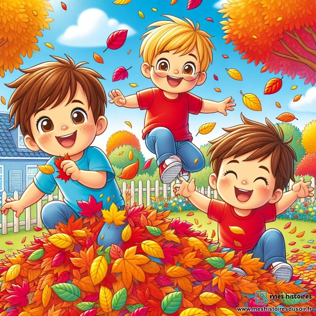 Trois garçons de quatre ans, Tom, Léo et Hugo, jouent dans un jardin coloré. Tom, aux cheveux bruns, saute dans un tas de feuilles multicolores. Léo, blond avec des lunettes rondes, sourit en soufflant sur une feuille. Hugo, avec des cheveux châtains et un t-shirt rouge, rit en lançant des feuilles. Le jardin est parsemé d'arbres aux feuilles dorées, oranges et rouges, sous un ciel bleu clair avec quelques nuages. Les amis s'amusent à sauter dans les feuilles, créant une pluie de couleurs vives dans une douce brise d'automne.