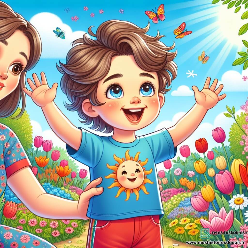 Un petit garçon de 4 ans, Lucas, avec des cheveux châtains en bataille et des yeux pétillants, se tient au milieu d'un jardin coloré. Il porte un t-shirt bleu avec un dessin de soleil et un short rouge, souriant en levant les bras vers le ciel, émerveillé par le printemps. Sa maman, une femme d'une trentaine d'années avec des cheveux bruns attachés, se tient à côté de lui, souriante et encourageante. Le jardin regorge de fleurs éclatantes sous un ciel bleu clair. Lucas découvre une petite boîte avec une carte de chasse au trésor à l'intérieur, excité et curieux, prêt à partir à l'aventure.