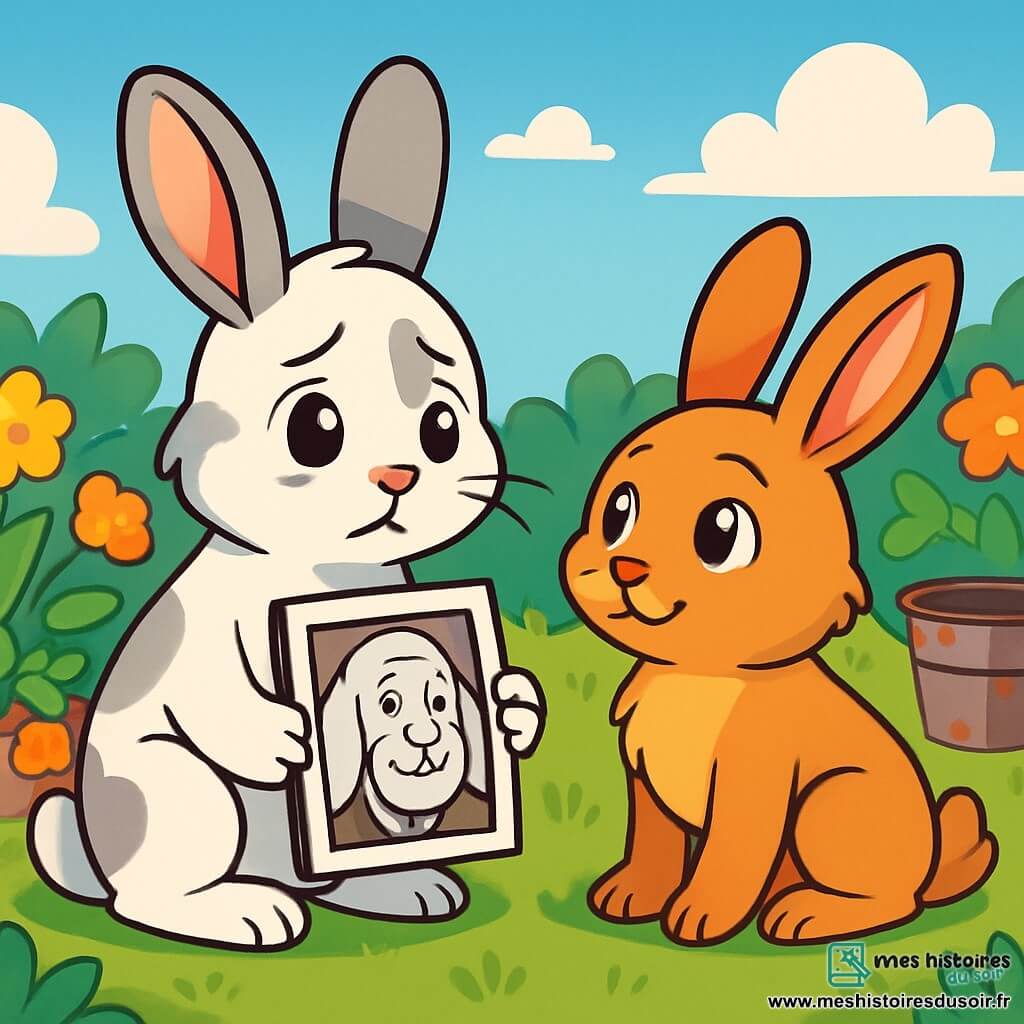 Un jeune lapin nommé Eliot, à la fourrure blanche et aux taches grises, se tient dans un jardin potager coloré. Ses yeux mélancoliques se posent sur une photo en noir et blanc de son grand-père Gaspard, un vieux lapin aux longues oreilles et au sourire chaleureux. À ses côtés, sa meilleure amie Capucine, une lapine rousse aux yeux pétillants, l'observe avec douceur, assise sur l'herbe. Le jardin, rempli de fleurs, de carottes bien alignées et d'un vieux seau en métal rouillé, est sous un ciel bleu clair. La scène illustre un moment de souvenir partagé entre Eliot et Capucine, évoquant les histoires de Gaspard dans la beauté du jardin, symbole de vie et de mémoire.