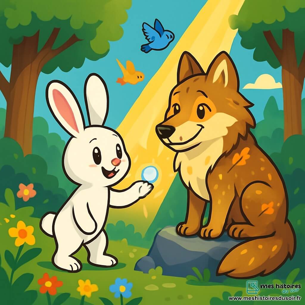 Un lapin aux grandes oreilles et au pelage blanc se tient dans une clairière ensoleillée, regardant un loup majestueux au pelage brun doré. Le loup, assis sur un rocher, exprime gratitude et soulagement, tandis qu'un rayon de lumière dorée illumine la scène. Des arbres verts entourent la clairière, et des fleurs sauvages dansent au vent. Le lapin tend une perle brillante au loup, symbolisant courage et amitié, tandis que des oiseaux colorés volent dans le ciel bleu clair.