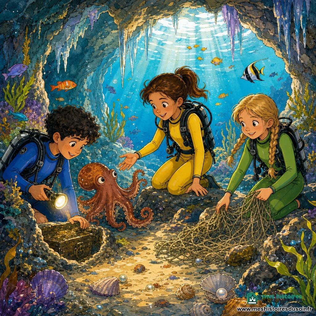 Trois enfants explorent une grotte sous-marine lumineuse : au centre une fille de 10 ans aux cheveux bruns en queue de cheval, en combinaison jaune, agenouillée sur un rocher tend la main vers une pieuvre curieuse ; à gauche un garçon de 11 ans aux cheveux bouclés noirs en combinaison bleue tient une petite lampe éclairant une vieille boîte en bois cachée entre des pierres ; à droite une fille de 9 ans aux cheveux blonds en tresses en combinaison verte ramasse un filet abandonné en souriant aux autres, tandis que les parois translucides, les algues ondulantes, les poissons colorés et le sable parsemé de coquillages créent une ambiance joyeuse et claire.