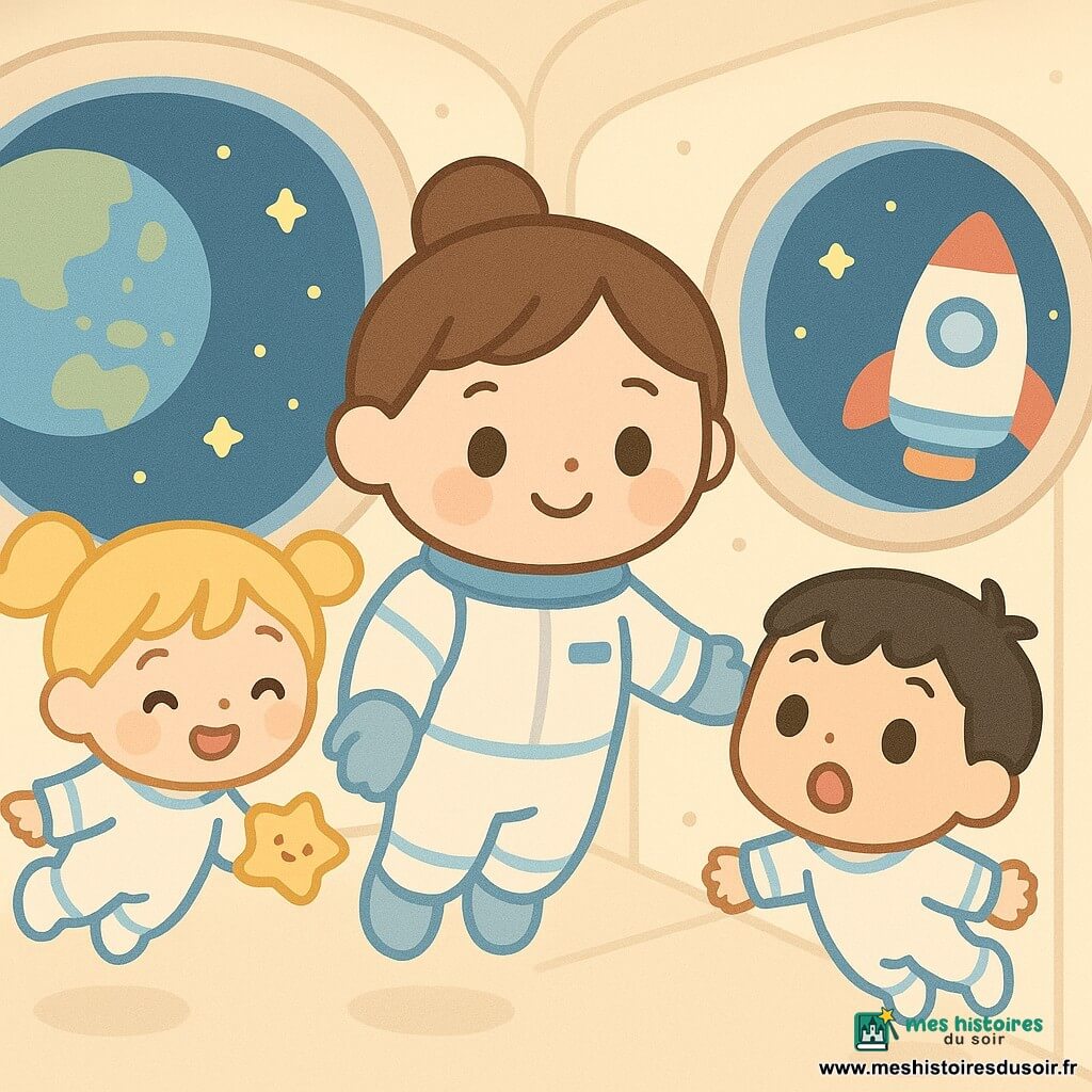Une pilote souriante aux cheveux bruns en chignon, vêtue d'une combinaison spatiale blanche bordée de bleu, guide deux enfants flottant dans l'intérieur chaleureux d'une station spatiale crème aux hublots montrant la Terre ; une fillette de 6 ans aux couettes blondes tient un petit jouet étoile près de la fenêtre, un garçon de 5 ans aux cheveux noirs observe la Terre bouche bée ; la fusée est amarrée, lumière douce, ambiance calme et magique, stickers de planètes et câbles colorés.