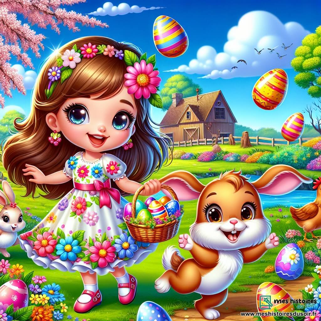 Lili, une petite fille de 6 ans aux longs cheveux bruns et aux yeux curieux, se tient au centre de l'image, souriante dans sa robe colorée ornée de fleurs. Elle tient un panier décoré rempli d'œufs de Pâques brillants. À ses côtés, Max, un petit lapin aux grandes oreilles, saute joyeusement. En arrière-plan, un jardin fleuri avec des champs verdoyants, des arbres en fleurs et un ciel bleu éclatant. Des poules picorent et une vache brune paît près d'un chêne. Lili et Max dansent joyeusement, célébrant leur chasse aux œufs de Pâques dans une ambiance festive.